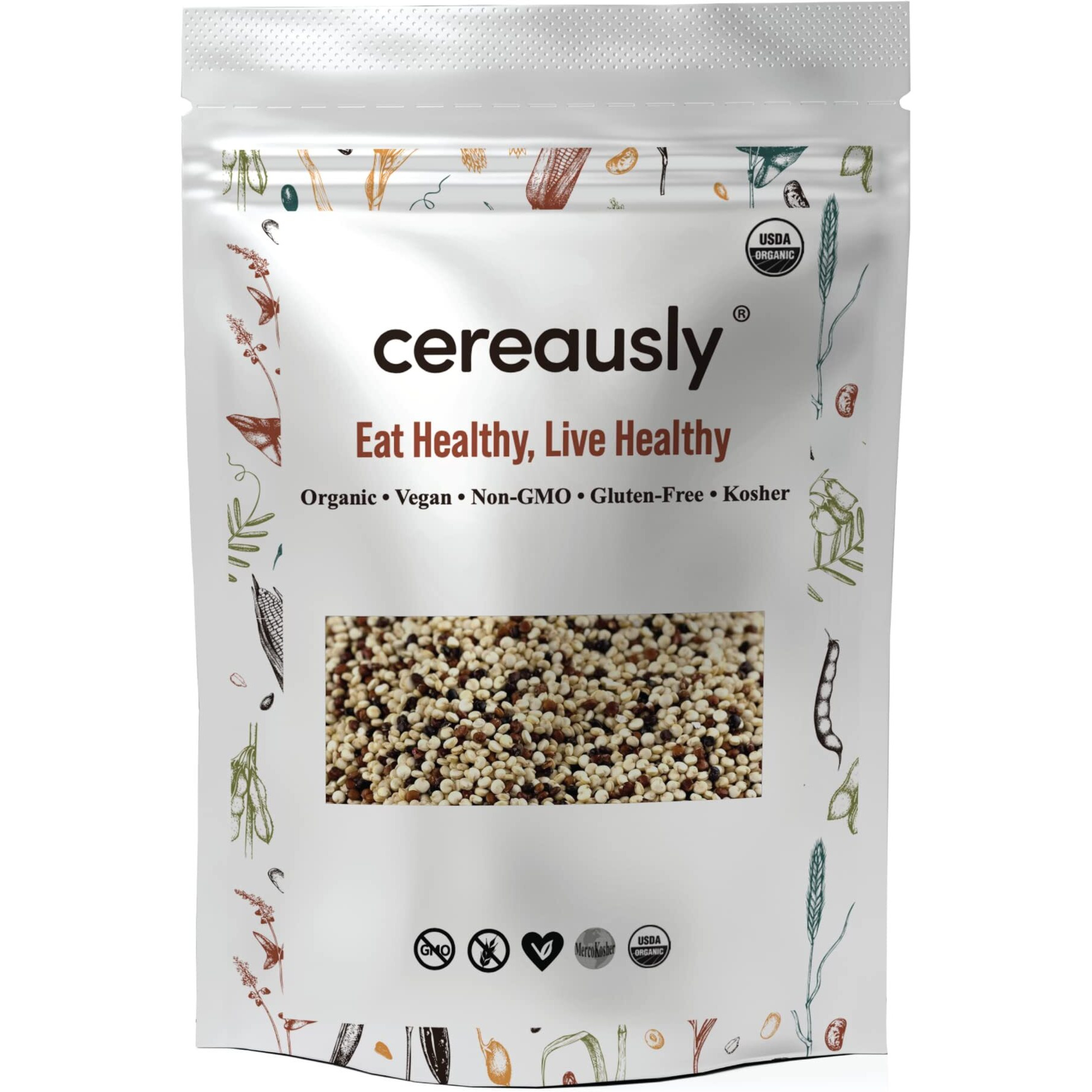 Cereausly Organic Tri-Color Quinoa - Premium Royal Quinoa From Bolivia - Kosher And Non-Gmo Quinoa Bulk - Vegan And Gluten-Fee Cooking Quinoa - 4 Lb