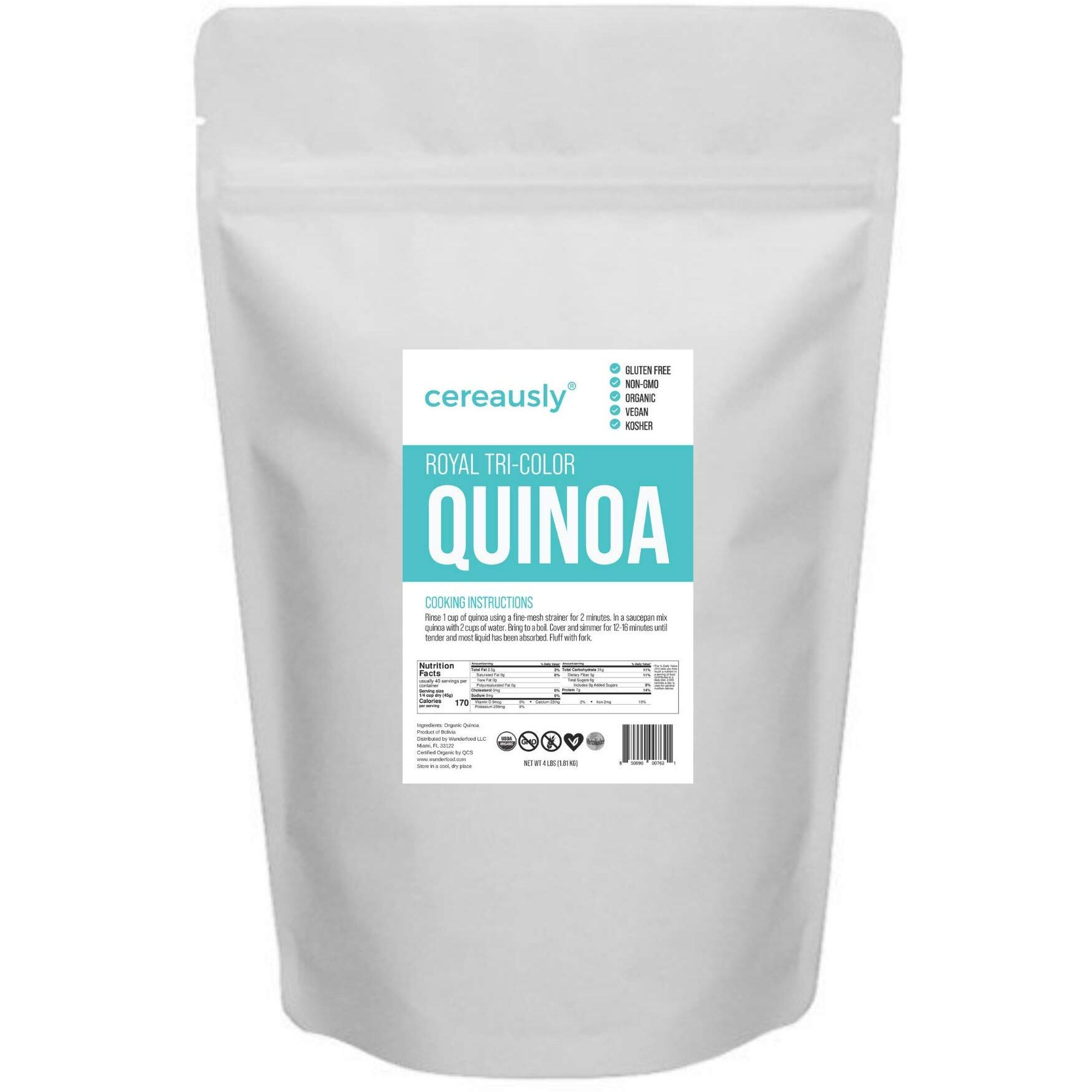 Cereausly Organic Tri-Color Quinoa - Premium Royal Quinoa From Bolivia - Kosher And Non-Gmo Quinoa Bulk - Vegan And Gluten-Fee Cooking Quinoa - 4 Lb