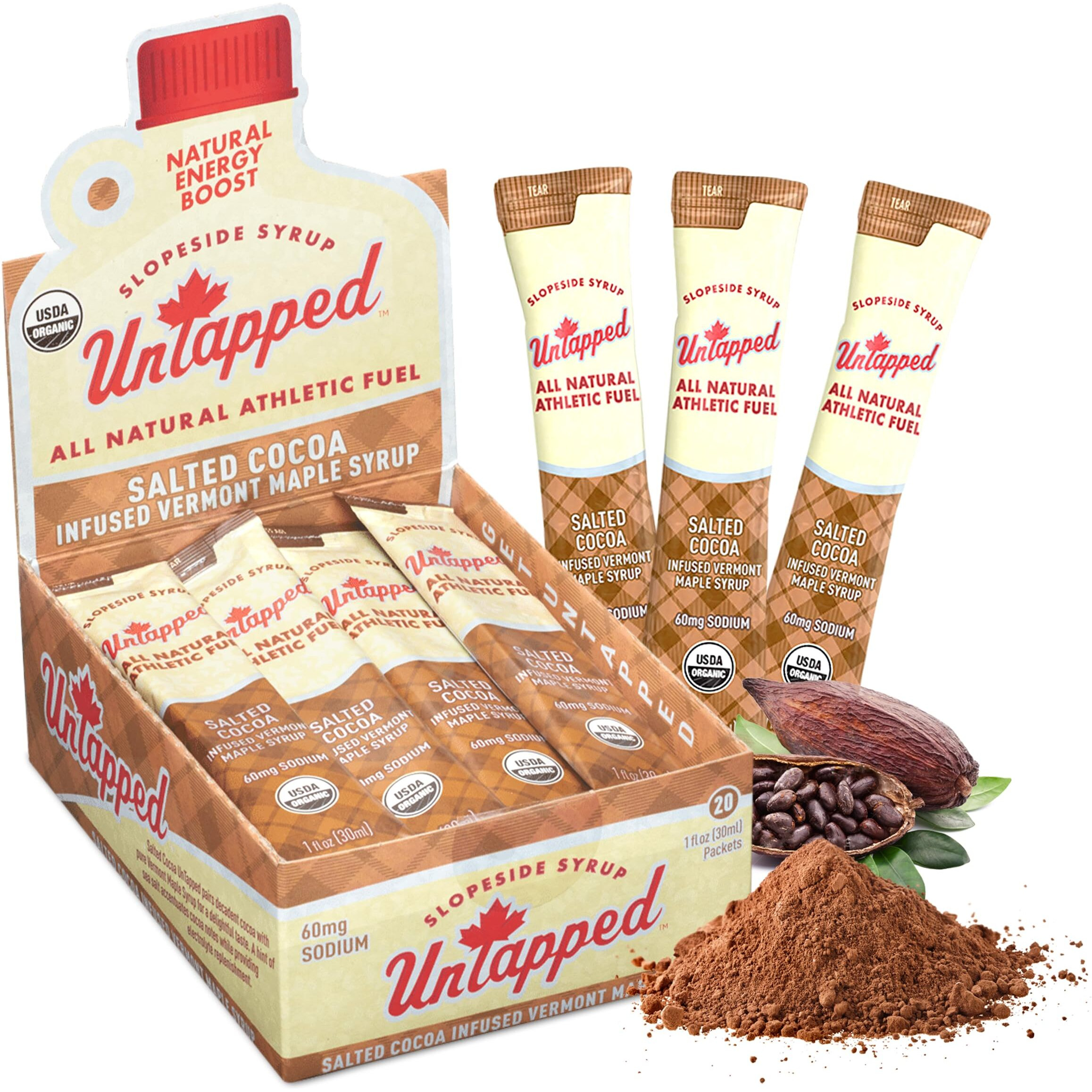 Untapped Salted Cocoa Infused Vermont Maple Syrup Packets For Athletes, Box Of 20-1 Fl Oz Each | Pure Maple Syrup With Rich Cocoa Extract And Sea Salt | Fuel To Keep You Running Longer