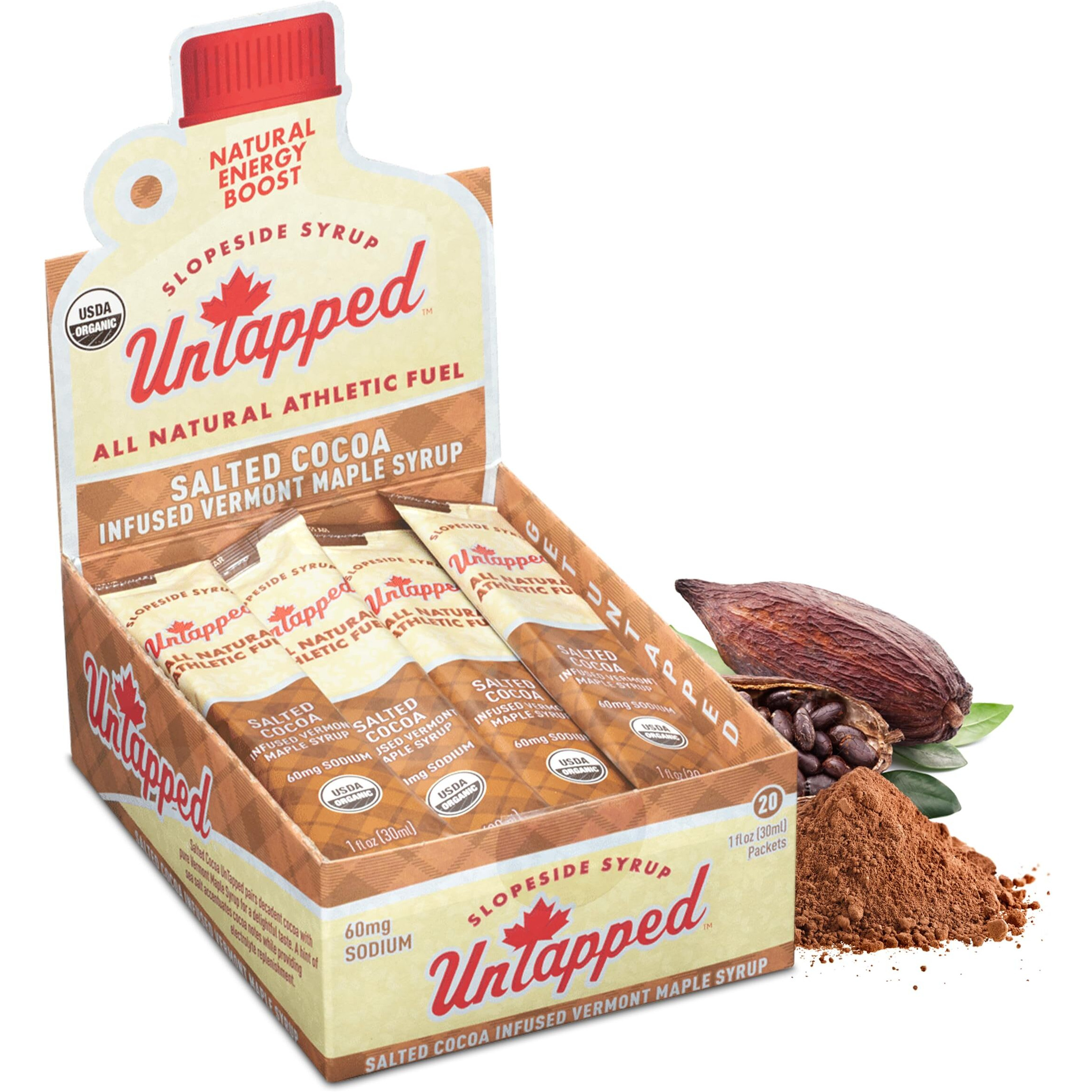 Untapped Salted Cocoa Infused Vermont Maple Syrup Packets For Athletes, Box Of 20-1 Fl Oz Each | Pure Maple Syrup With Rich Cocoa Extract And Sea Salt | Fuel To Keep You Running Longer