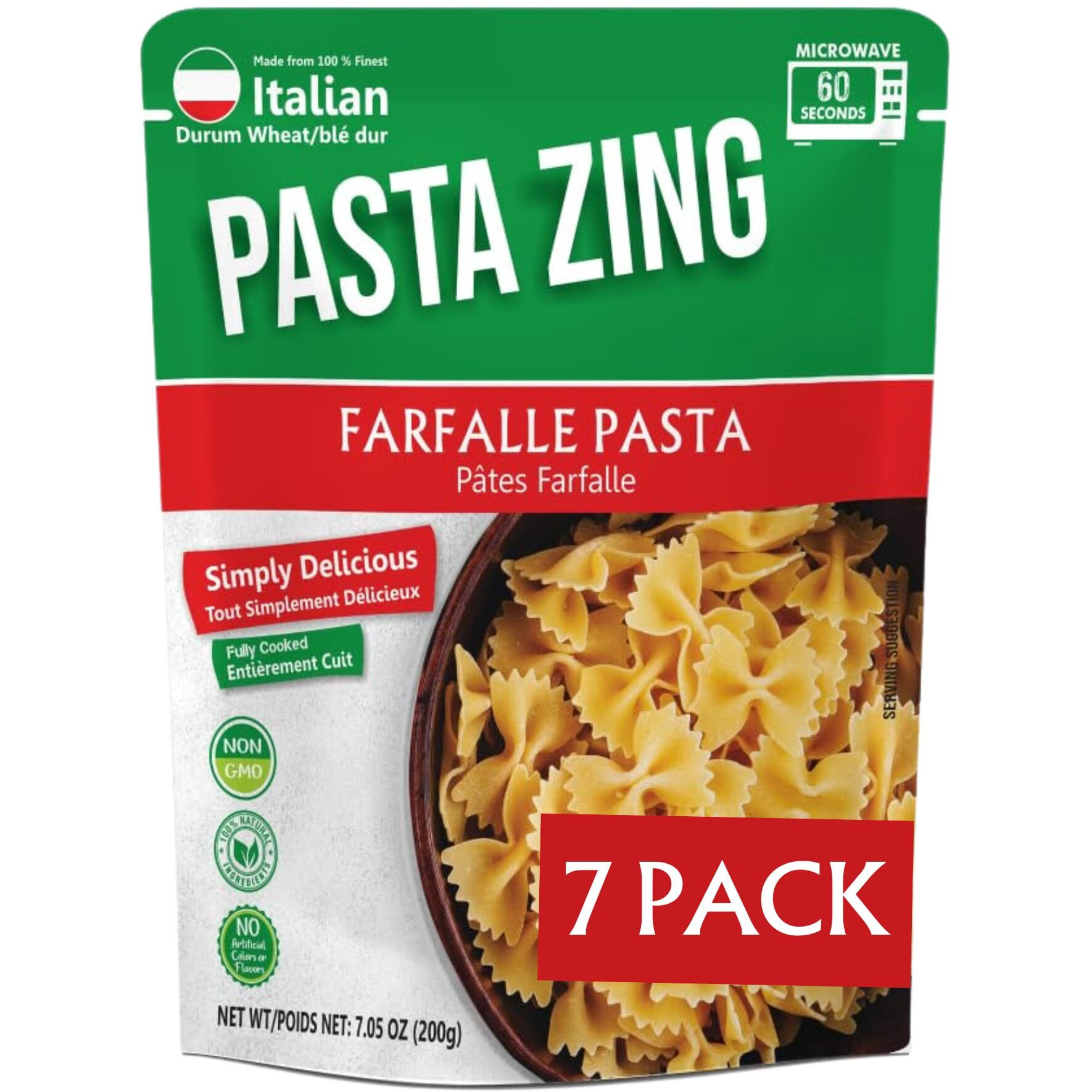 Pasta Zing Mircrowavable Farfalle Pasta Pack Of 7, 7.05 Ounce, | Ready To Eat In 60 Sec | Pasta -100% Italian Durum Wheat | Natural Ingredients | Side Dish | Easy Dinner