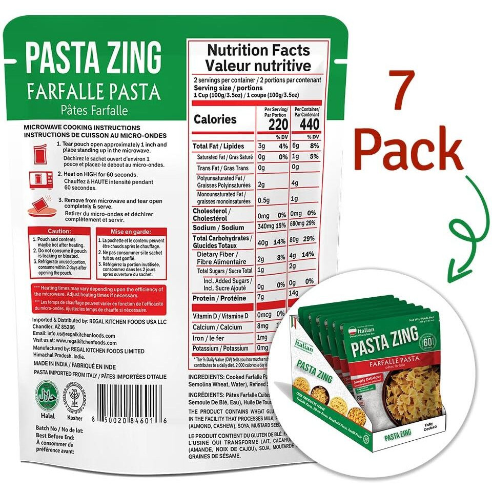 Pasta Zing Mircrowavable Farfalle Pasta Pack Of 7, 7.05 Ounce, | Ready To Eat In 60 Sec | Pasta -100% Italian Durum Wheat | Natural Ingredients | Side Dish | Easy Dinner