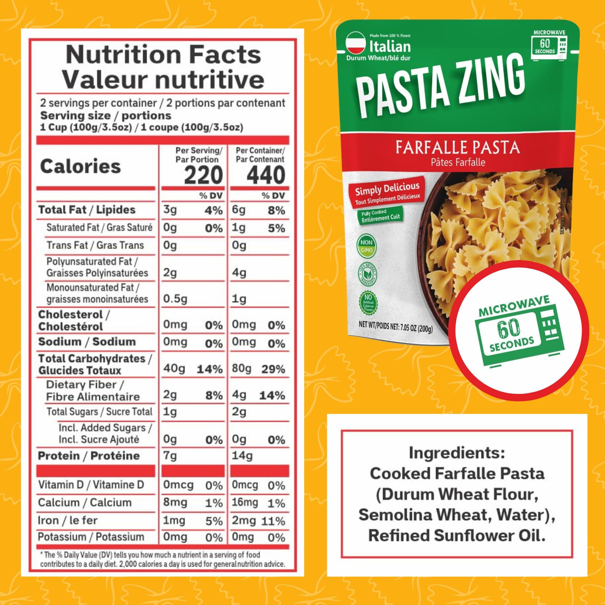Pasta Zing Mircrowavable Farfalle Pasta Pack Of 7, 7.05 Ounce, | Ready To Eat In 60 Sec | Pasta -100% Italian Durum Wheat | Natural Ingredients | Side Dish | Easy Dinner