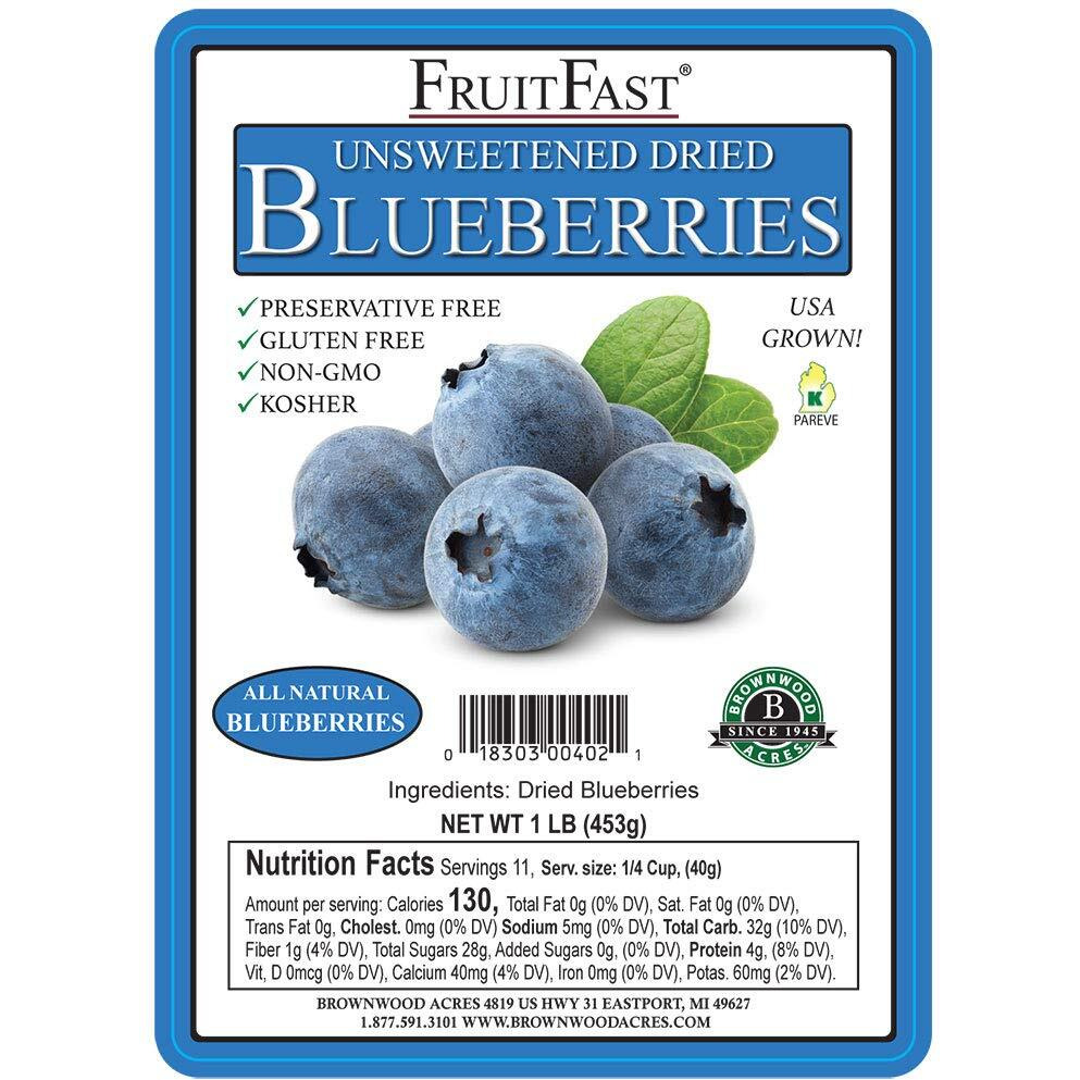 Unsweetened Dried Blueberries By Brownwood Acres - Fruitfast | Non-Gmo, Gluten Free, Kosher Certified All Natural Healthy Snack - No Added Sugars, Oils Or Fillers - Just Blueberries (1 Pound)
