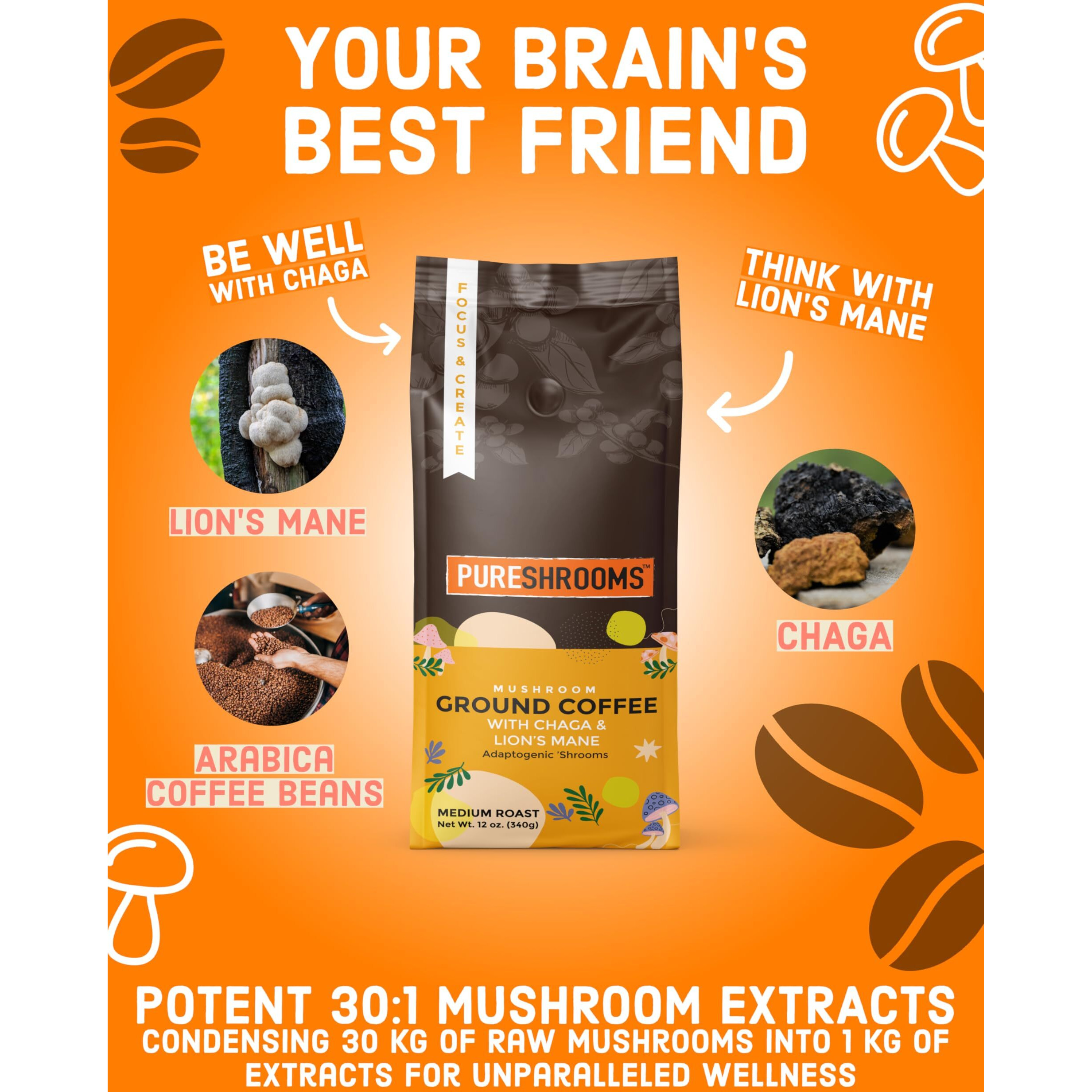 Mushroom Ground Coffee W/Ultra Concentrated 301 Organic Lion's Mane & Chaga. Medium Roast - Focus Boosting Coffee (Focus & Create, 340G / 12 Oz)