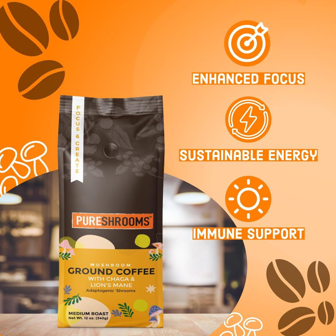 Mushroom Ground Coffee W/Ultra Concentrated 301 Organic Lion's Mane & Chaga. Medium Roast - Focus Boosting Coffee (Focus & Create, 340G / 12 Oz)