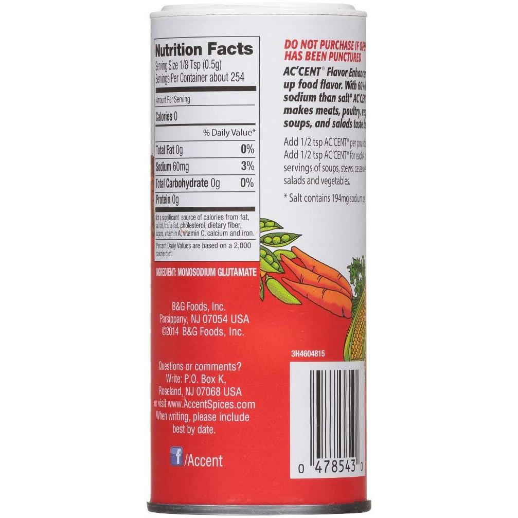 Ac'Cent Flavor Enhancer 00054 All Natural 4.5 Oz. Wakes Up Food Flavor Canister (Pack Of 2) Ideal For Meats, Poultry, Vegetables, Soups And Salads, Monosodium Glutamate Imparts An Umami Flavor