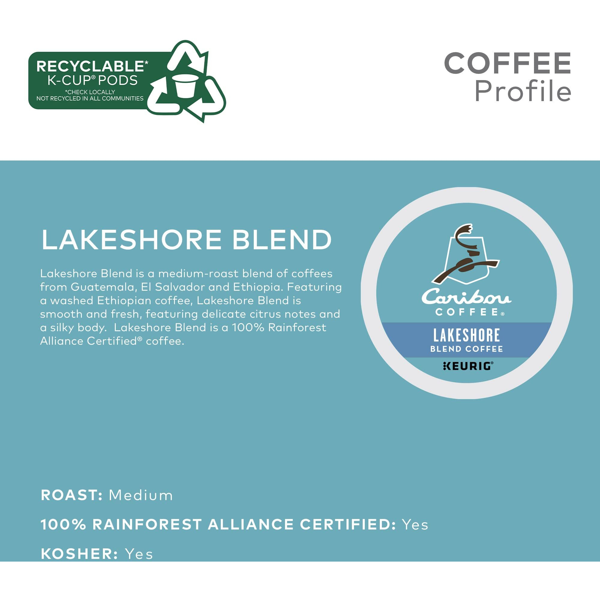 Caribou Coffee Lakeshore Blend, Single-Serve Keurig K-Cup Pods, Medium Roast Coffee, 72 Count