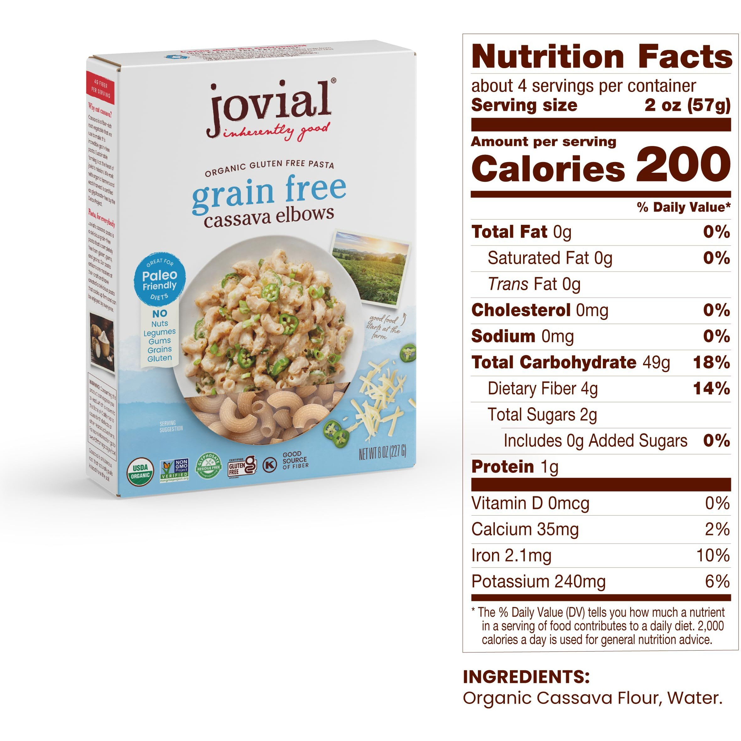 Jovial Grain-Free Cassava Elbows - Gluten Free Elbow Macaroni,Cassava Pasta, Paleo Pasta, Grain-Free, 100% Organic Pasta, Usda Certified Organic, Non-Gmo, High-Fiber - 8 Oz, 3 Pack