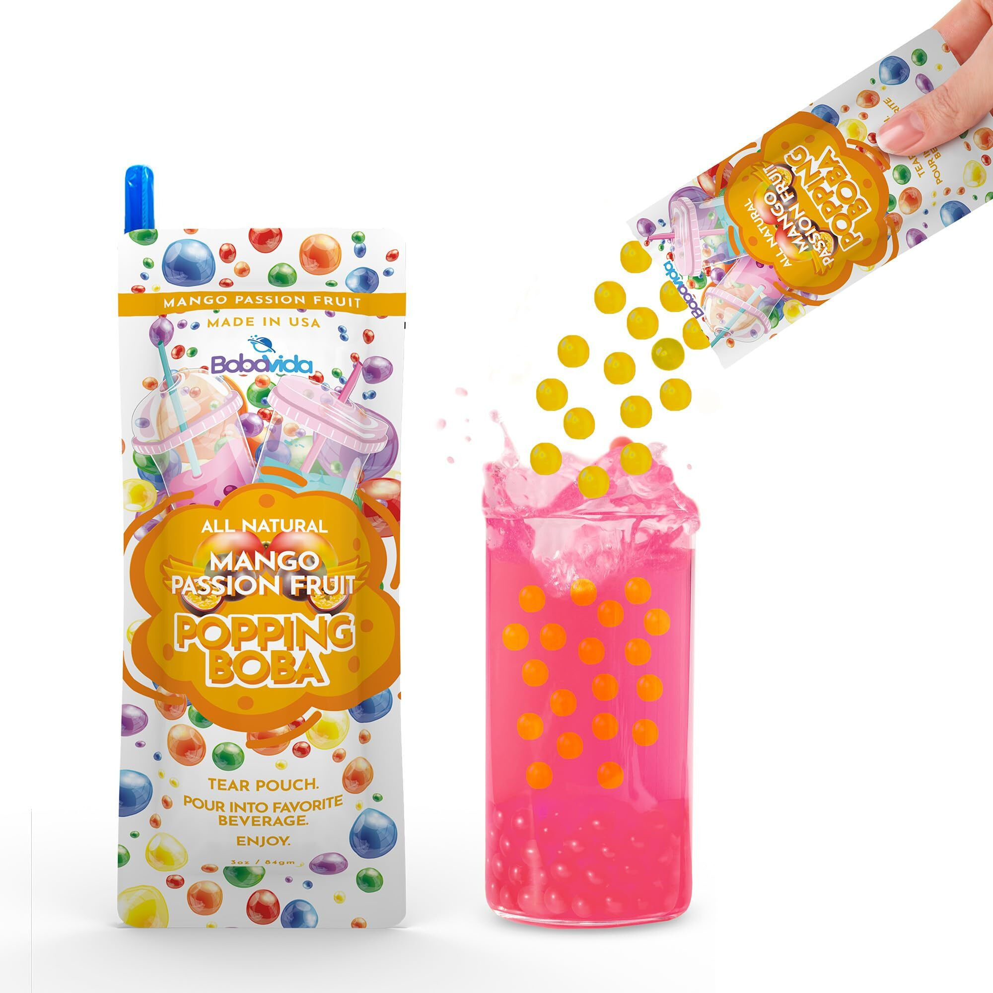 Bobavida Mango Passionfruit Popping Boba - 10 Boba Packets With Straws For Drinks, Desserts & Food Toppings - Non-Gmo Popping Boba Pearls