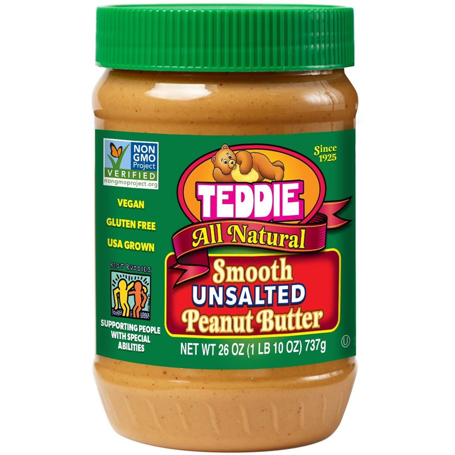 Teddie All Natural Peanut Butter, Gluten Free & Vegan, 26 Ounce Plastic Jar (26 Ounce (Pack Of 1), Smooth Unsalted)