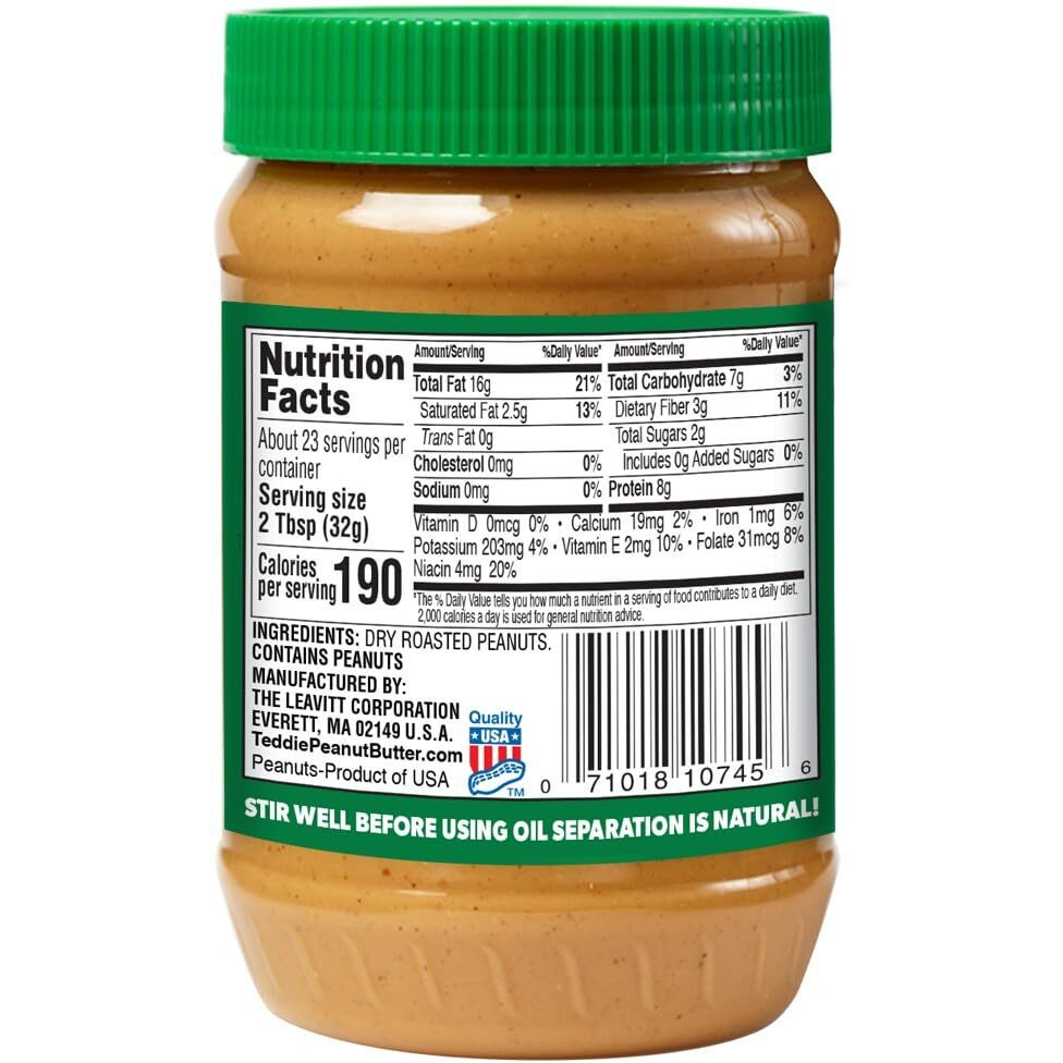 Teddie All Natural Peanut Butter, Gluten Free & Vegan, 26 Ounce Plastic Jar (26 Ounce (Pack Of 1), Smooth Unsalted)