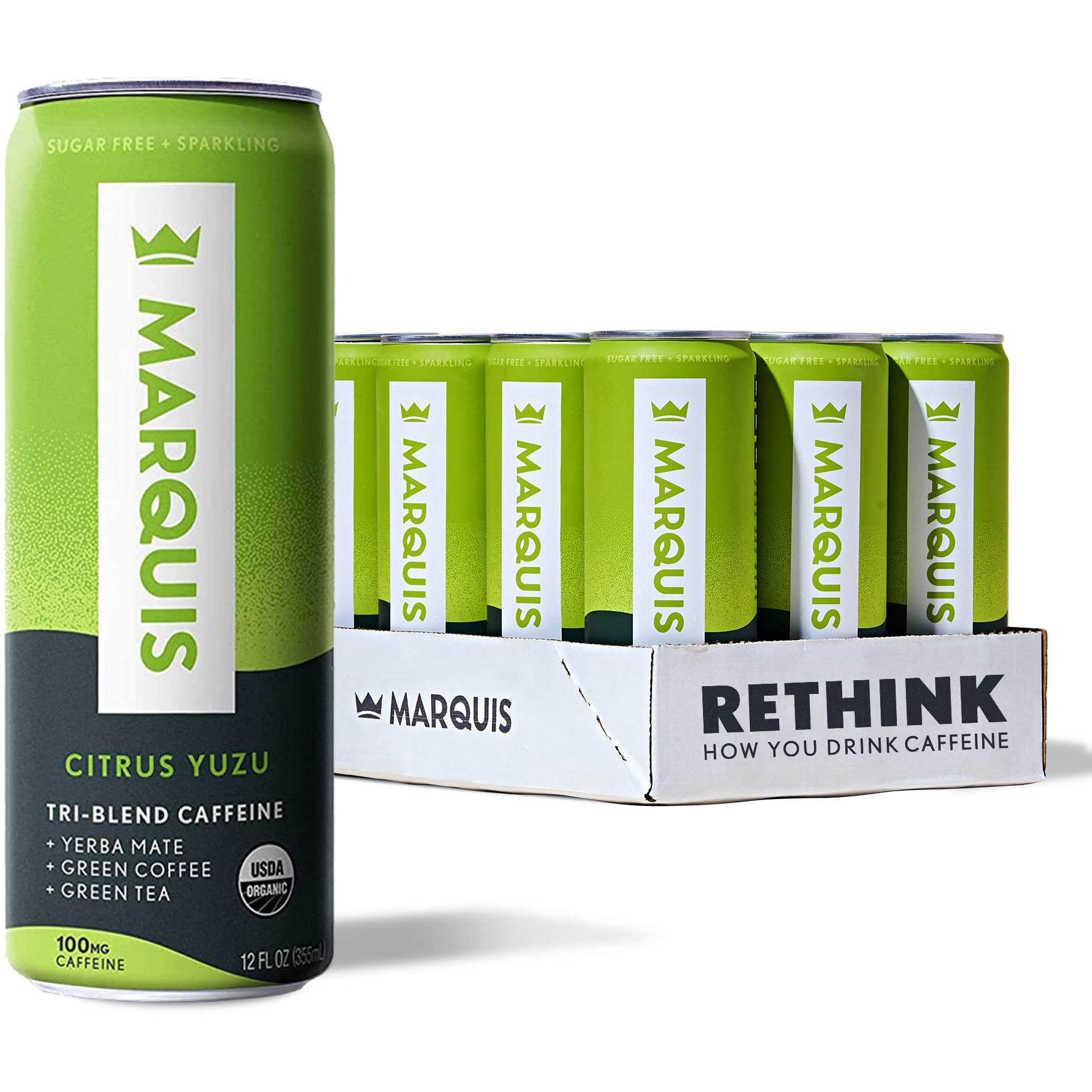 Marquis - Natural Energy Drink - Citrus Yuzu - Sugar Free - 0 Calories - 100Mg Of Organic Plant Based Caffeine - Yerba Mate - Green Tea - Vitamin C & B Vitamins - Vegan - 12 Oz Cans - 12 Pack
