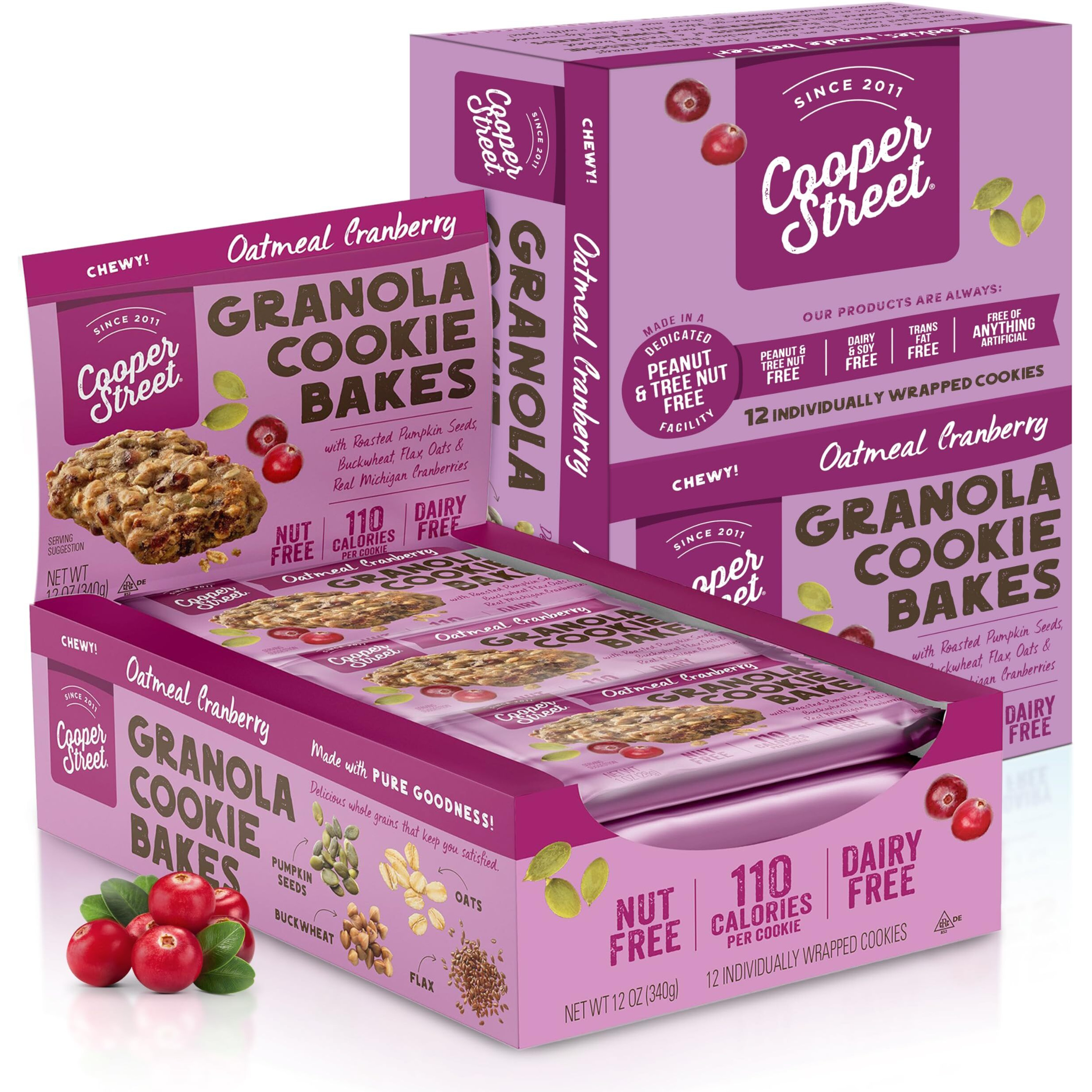 Cooper Street - Chewy Granola Bakes, Cranberry Oatmeal Cookies, Oatmeal Bars Alternative, Guilt-Free Snacks/Breakfast Cookies, No Nuts, Dairy, Soy & Artificial Ingredients, 12Ct Economy 2 Packs