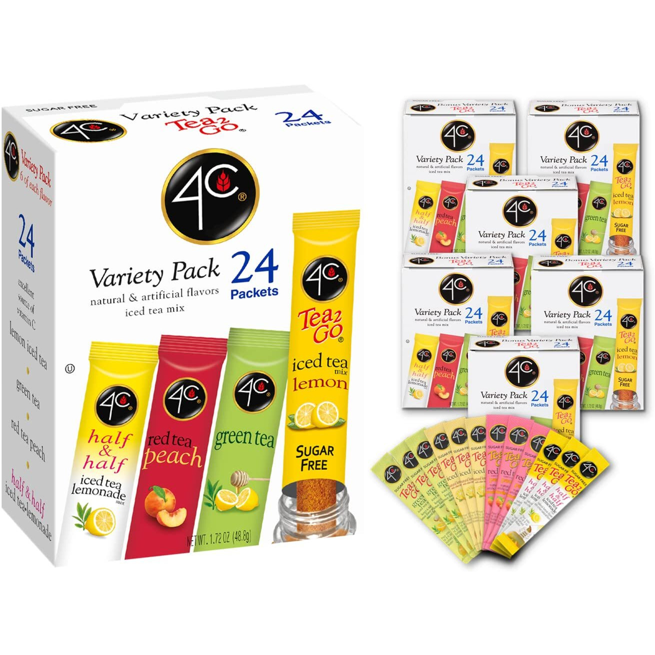 4C Powder Drink Mix Packets, Iced Tea Variety 6 Pack, 24 Count, Singles Stix On The Go, Refreshing Sugar Free Water Flavorings