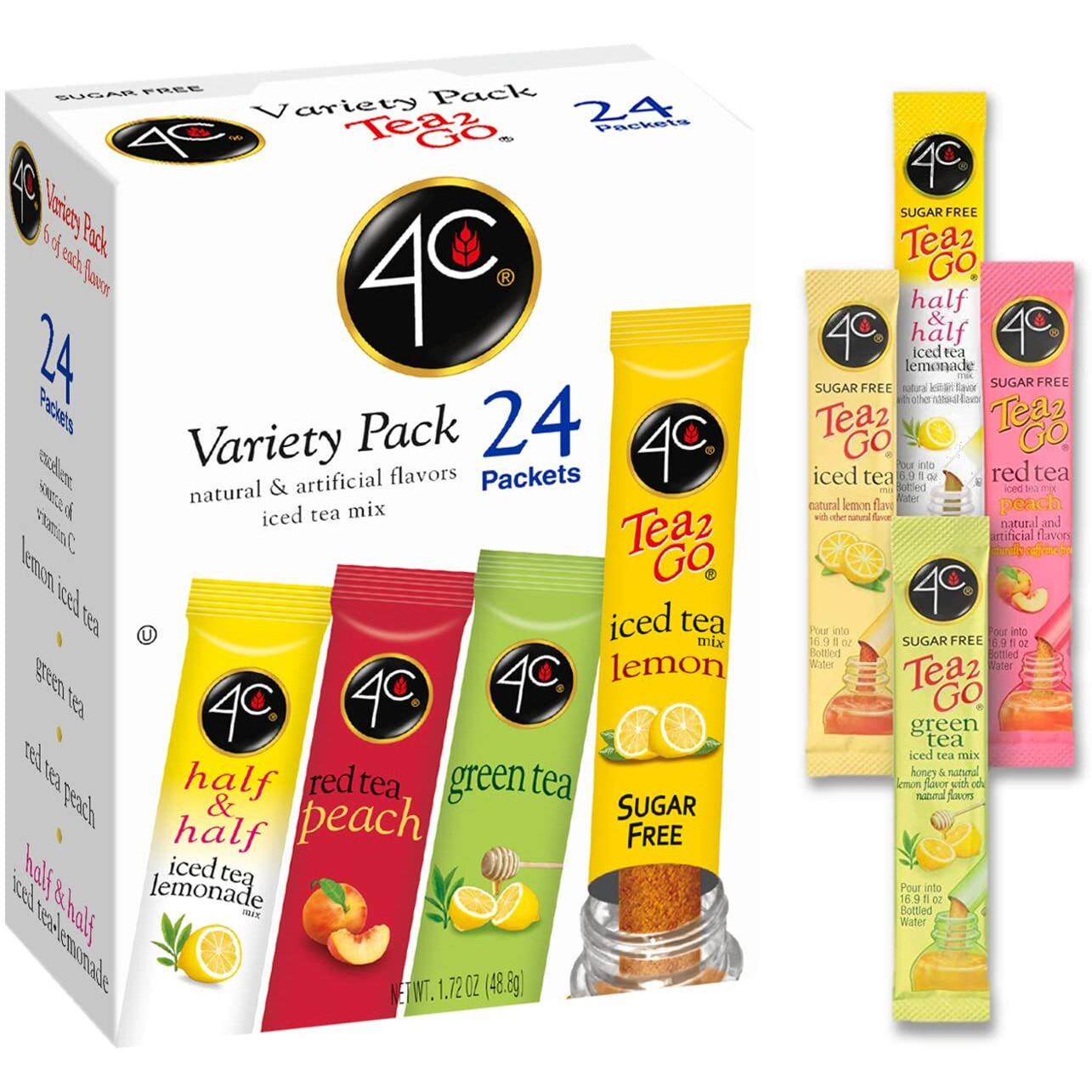 4C Powder Drink Mix Packets, Iced Tea Variety 6 Pack, 24 Count, Singles Stix On The Go, Refreshing Sugar Free Water Flavorings