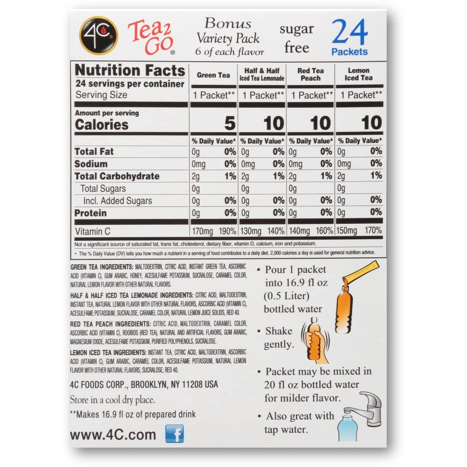 4C Powder Drink Mix Packets, Iced Tea Variety 6 Pack, 24 Count, Singles Stix On The Go, Refreshing Sugar Free Water Flavorings