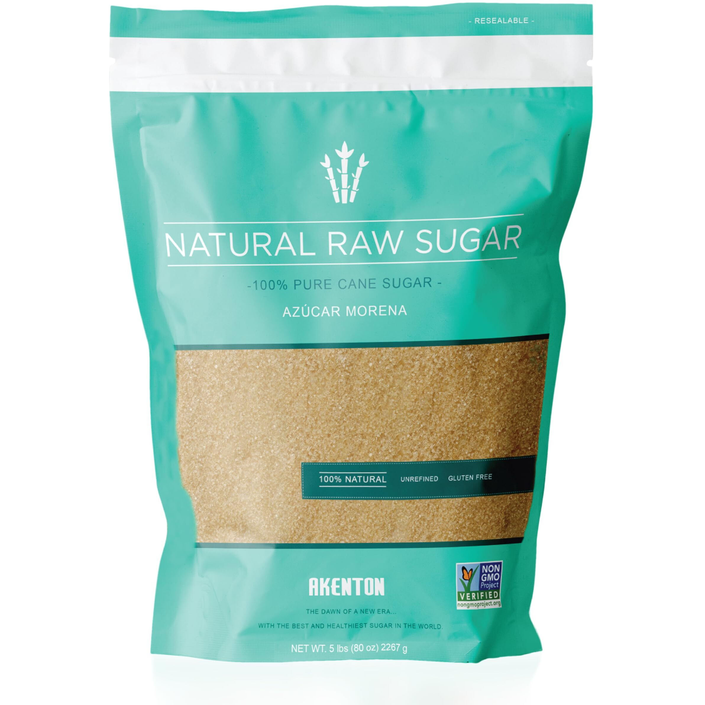 Akenton Natural Raw Cane Sugar, 5 Pound Resealable Bag | 100% Natural, Unprocessed, Unbleached, Unrefined Sugar | Gluten-Free, Vegan, Kosher | Non-Gmo Project Verified