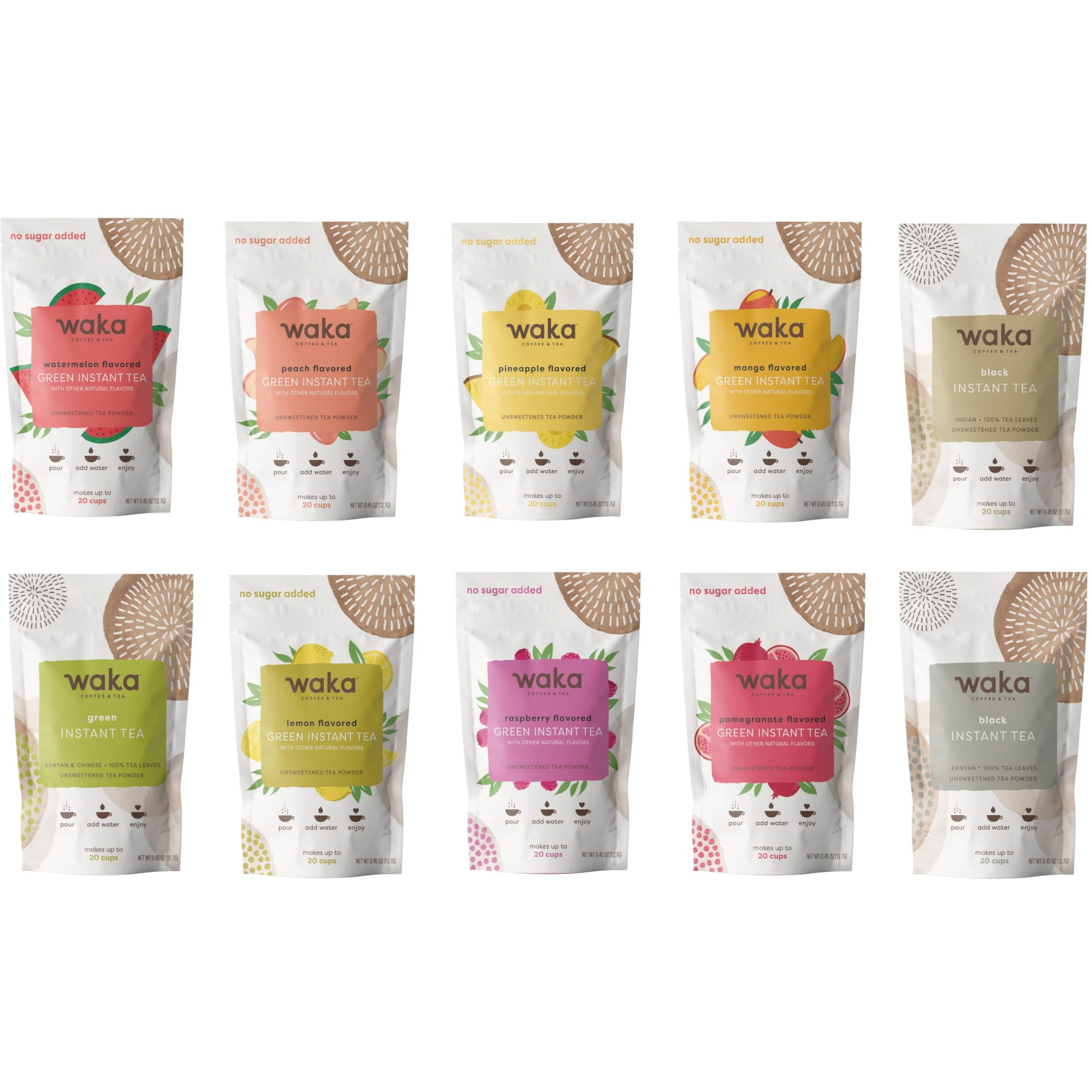 Waka - Green & Black Instant Tea Sample Bundle - No Sugar Added & Unsweetened - 100% Tea Leaves - 10 X 0.45 Oz Sample Packs For Hot Or Iced Tea