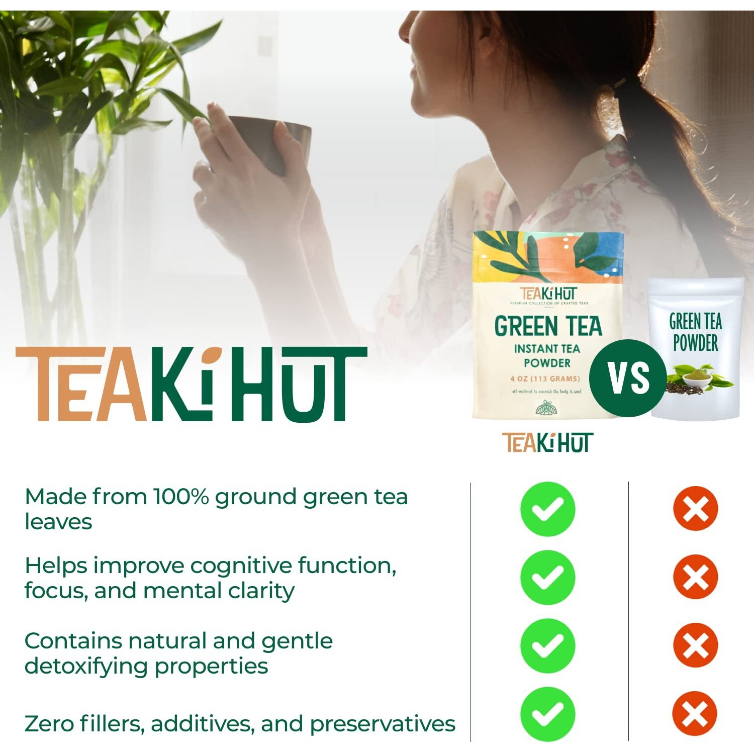 Teaki Hut Instant Green Tea Powder, Refreshing Unsweetened Drink Powder, Premium Green Tea Instant Powder For Beverages, Smoothies Or Baked Goods, Green Tea Detox, Great Hot Or Cold - 4 Oz