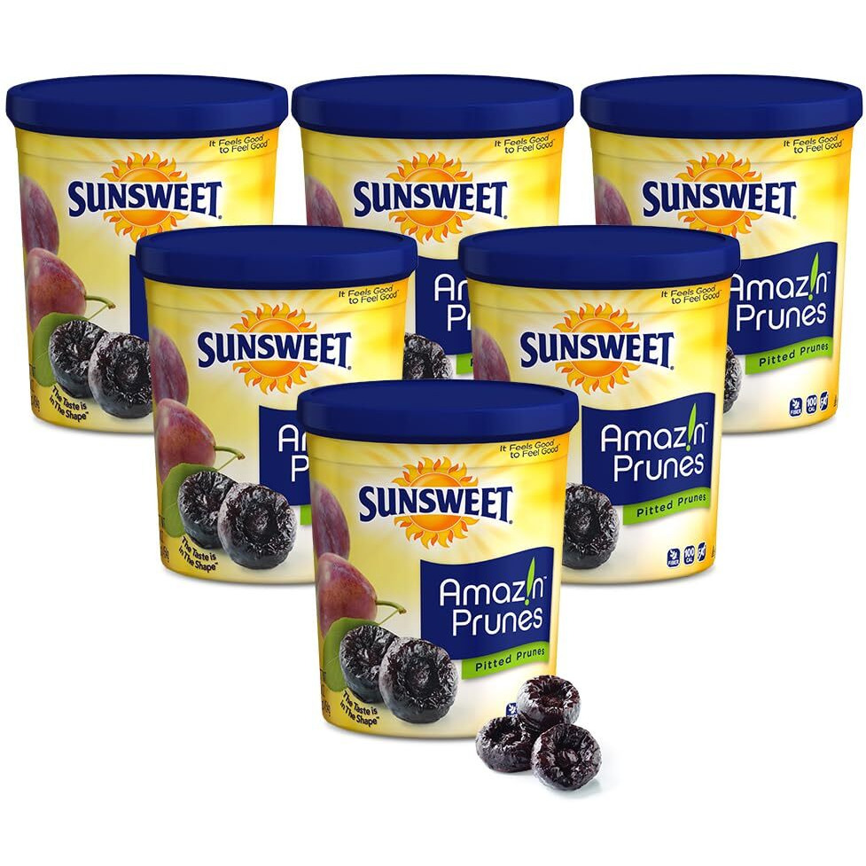 Sunsweet Amazin' Pitted Prunes - Dried Prunes Pitted Unsweetened - Gluten Free, Vegan, Low Fat - Fiber & Minerals - 16 Oz Canister X 6 Pack