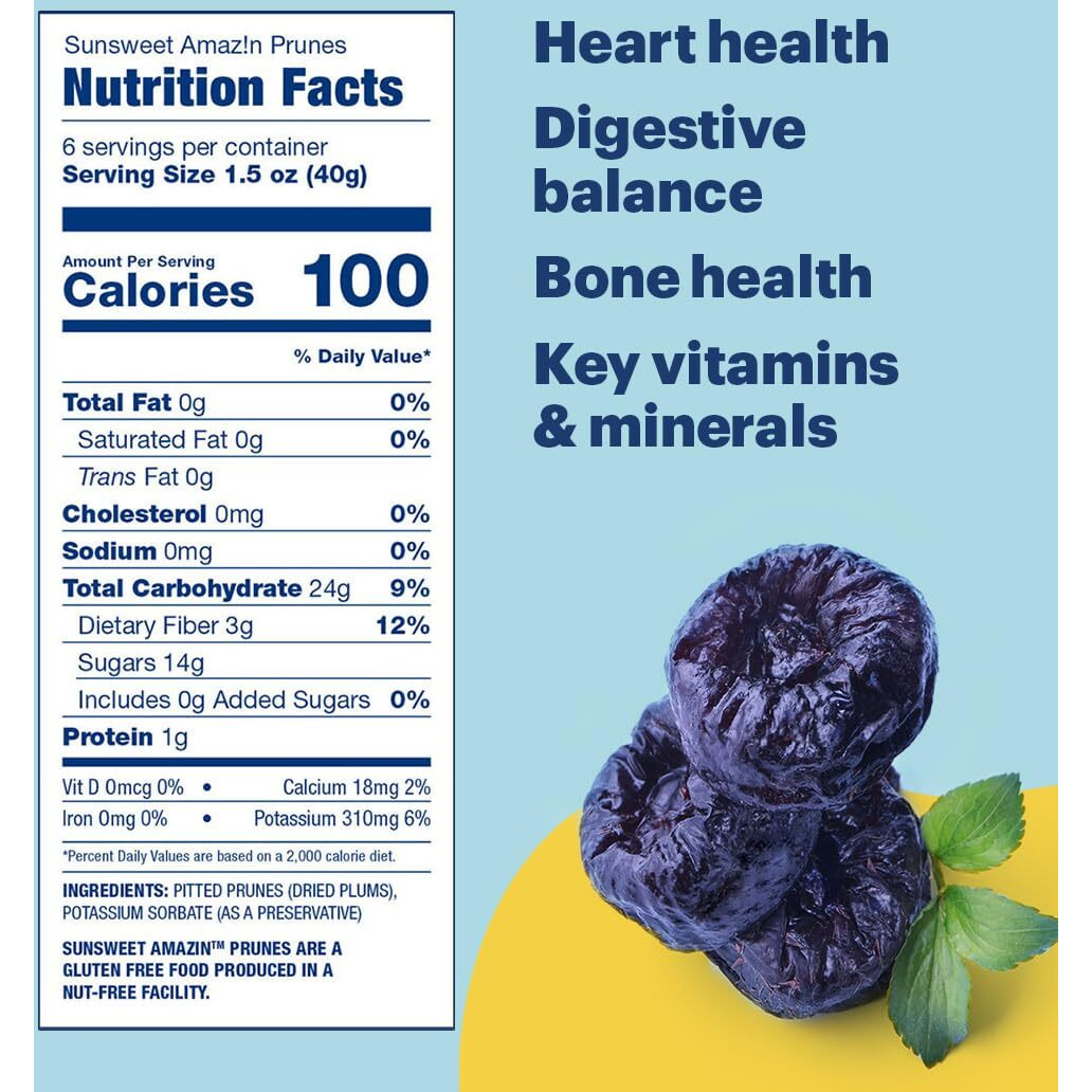 Sunsweet Amazin' Pitted Prunes - Dried Prunes Pitted Unsweetened - Gluten Free, Vegan, Low Fat - Fiber & Minerals - 16 Oz Canister X 6 Pack