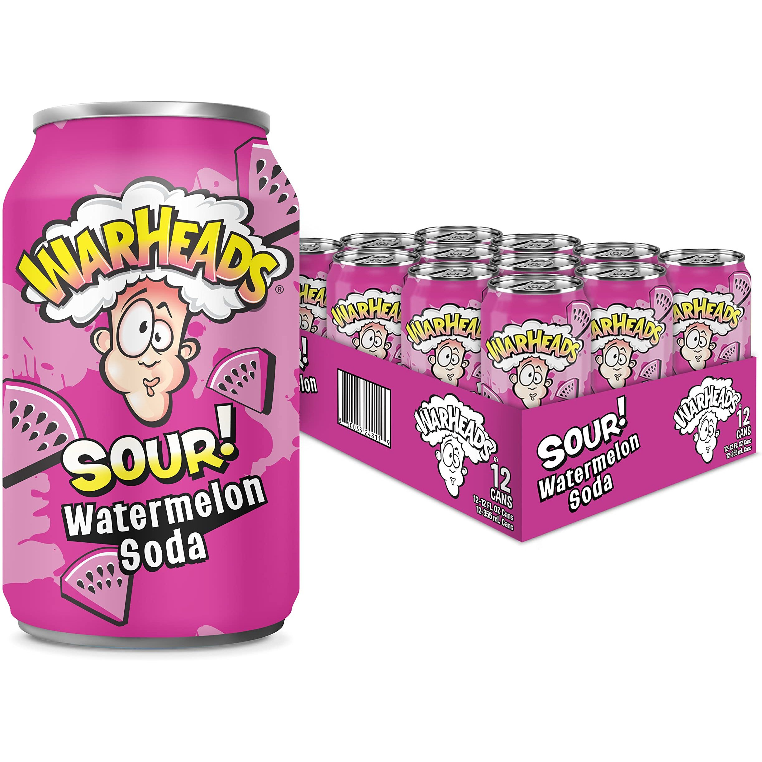 Sour Fruity Soda With Classic Warheads Flavors - Perfectly Balanced Sweet And Sour Soda - Warheads Candy Throwback Treat, Soda, Cocktail Mixer, Pack Of 12, 12Oz Cans (Watermelon)