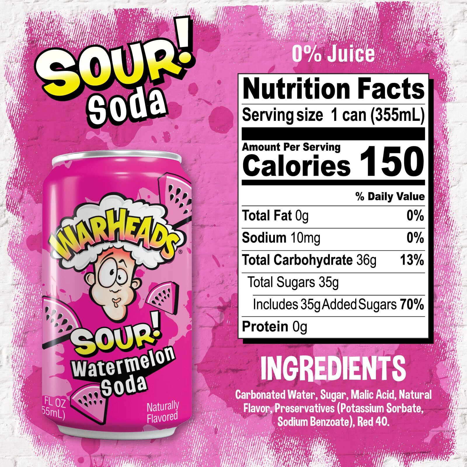Sour Fruity Soda With Classic Warheads Flavors - Perfectly Balanced Sweet And Sour Soda - Warheads Candy Throwback Treat, Soda, Cocktail Mixer, Pack Of 12, 12Oz Cans (Watermelon)