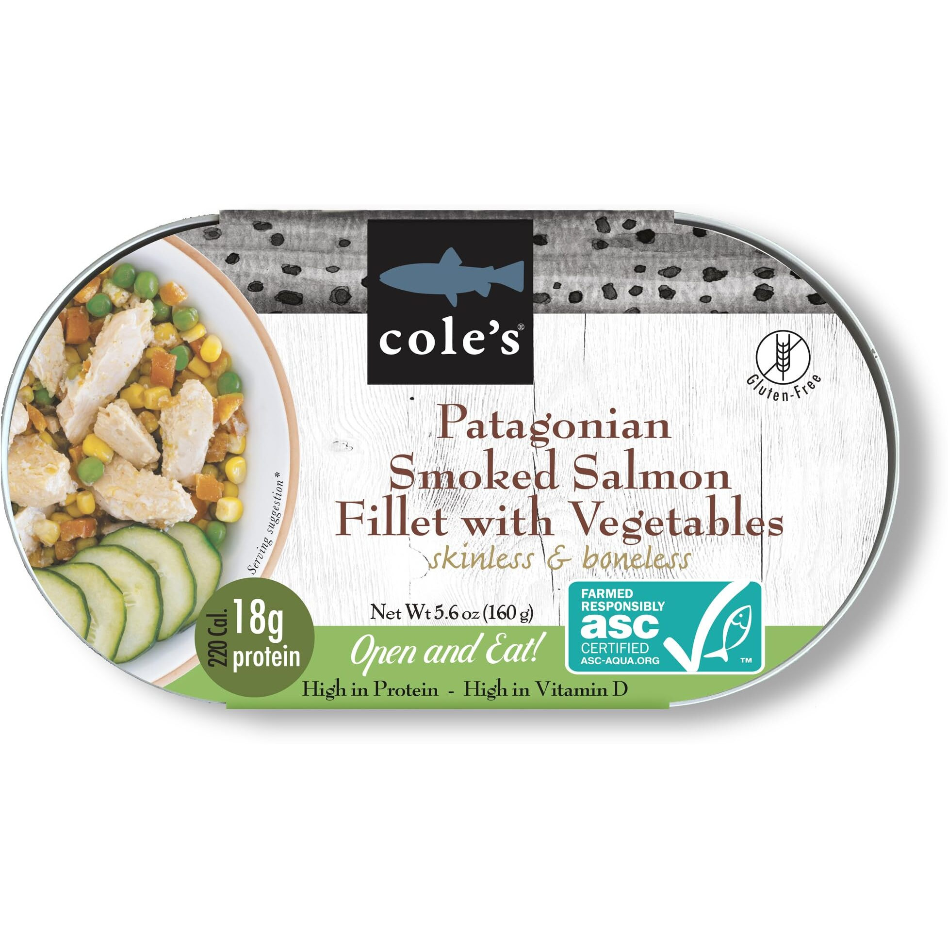 Coles - Patagonian Smoked Salmon Fillet With Vegetables| Ready To Eat Meal | 5.6 Oz Hand-Packed Canned Fish | 19G Protein | High In Vitamin D | Open & Eat