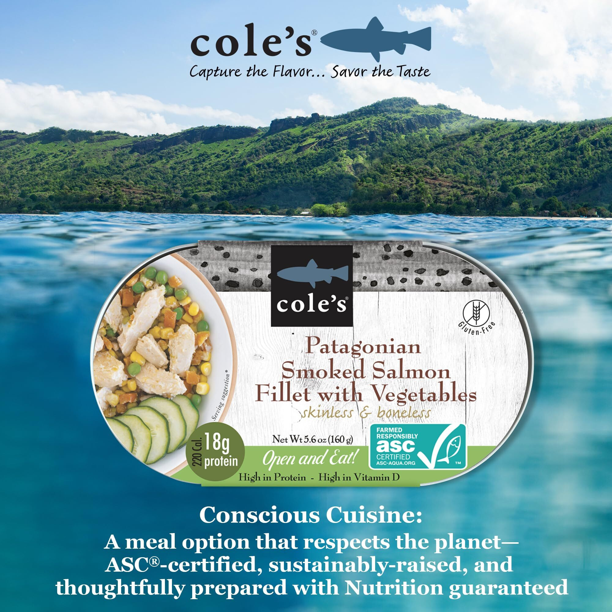 Coles - Patagonian Smoked Salmon Fillet With Vegetables| Ready To Eat Meal | 5.6 Oz Hand-Packed Canned Fish | 19G Protein | High In Vitamin D | Open & Eat