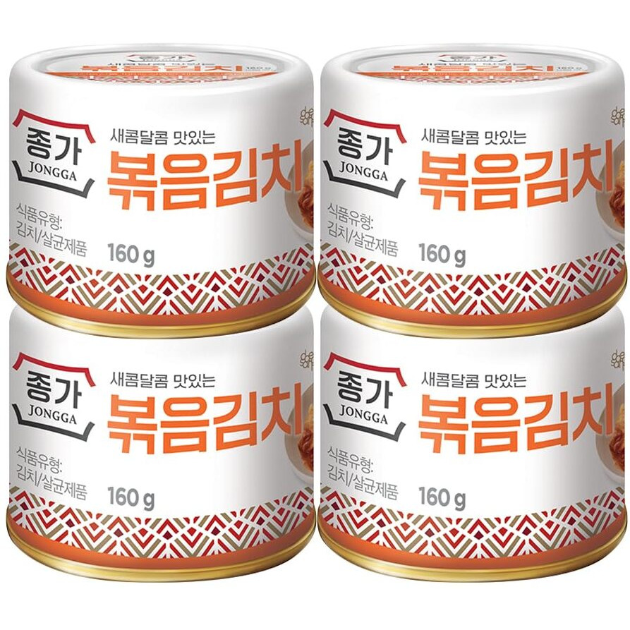 Jongga Stir-Fried Can Kimchi (Pack Of 4), Shelf Stable Canned Kimchi, Spicy Korean Authentic Fermented Pickled Cabbage, Perfect With Ramen, Noodles And Rice