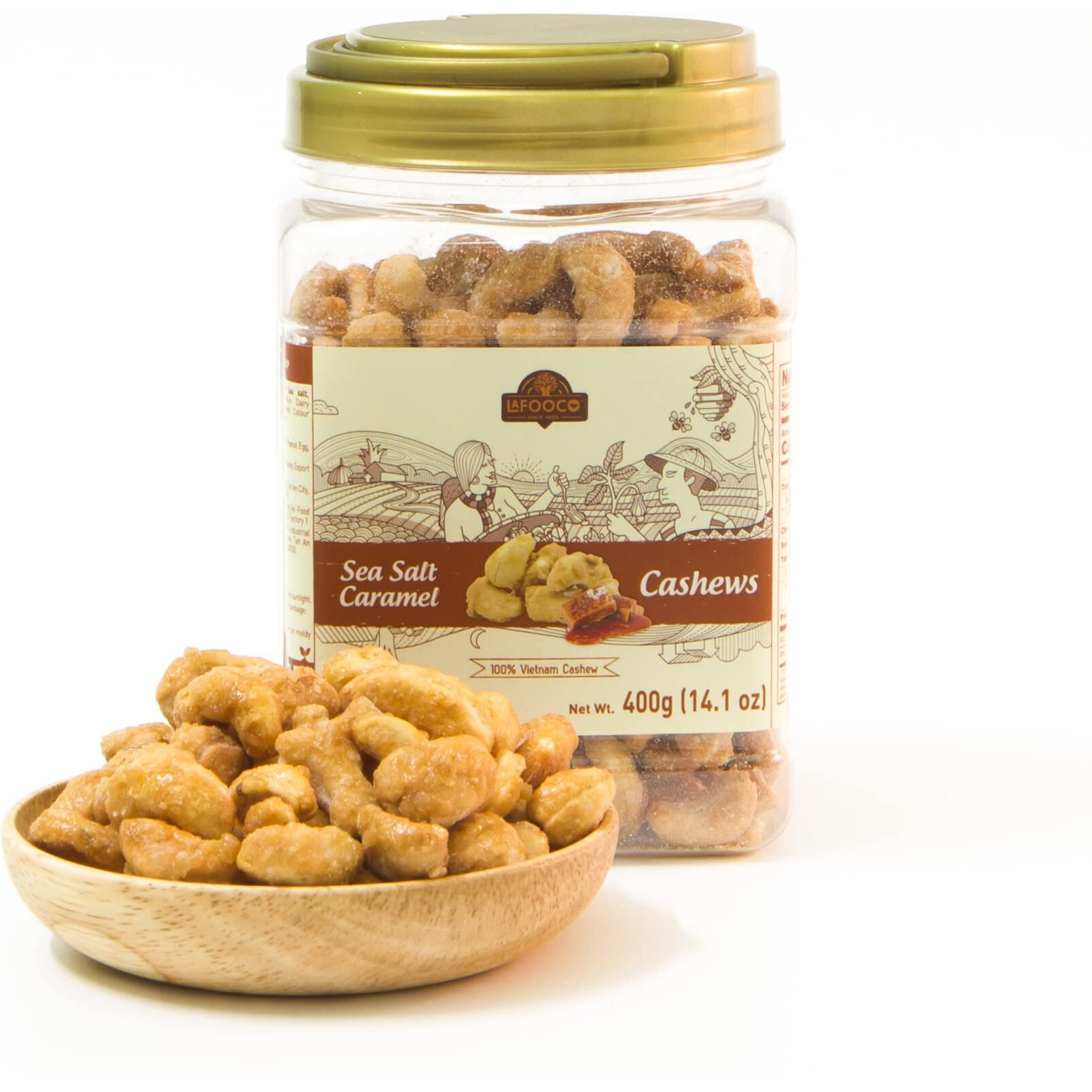 Lafooco Sea Salt Caramel Cashews, Vietnam Cashews, Lightly Salted, Sweet Tasty Snack, Rich In Nutrients, Protein, Great Gift For Family, Holiday, Resealable Jar, Halal, Brcgs (14.1 Oz)