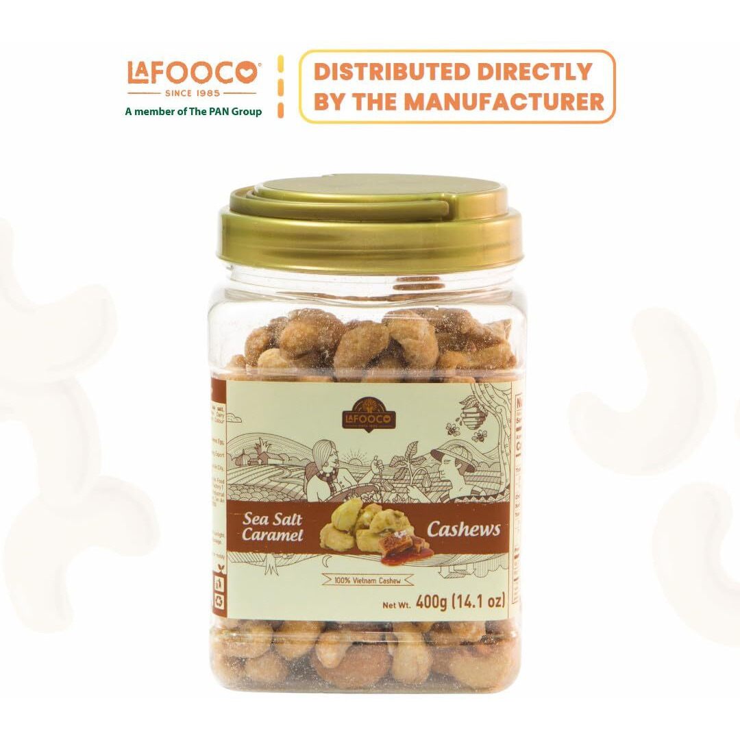 Lafooco Sea Salt Caramel Cashews, Vietnam Cashews, Lightly Salted, Sweet Tasty Snack, Rich In Nutrients, Protein, Great Gift For Family, Holiday, Resealable Jar, Halal, Brcgs (14.1 Oz)