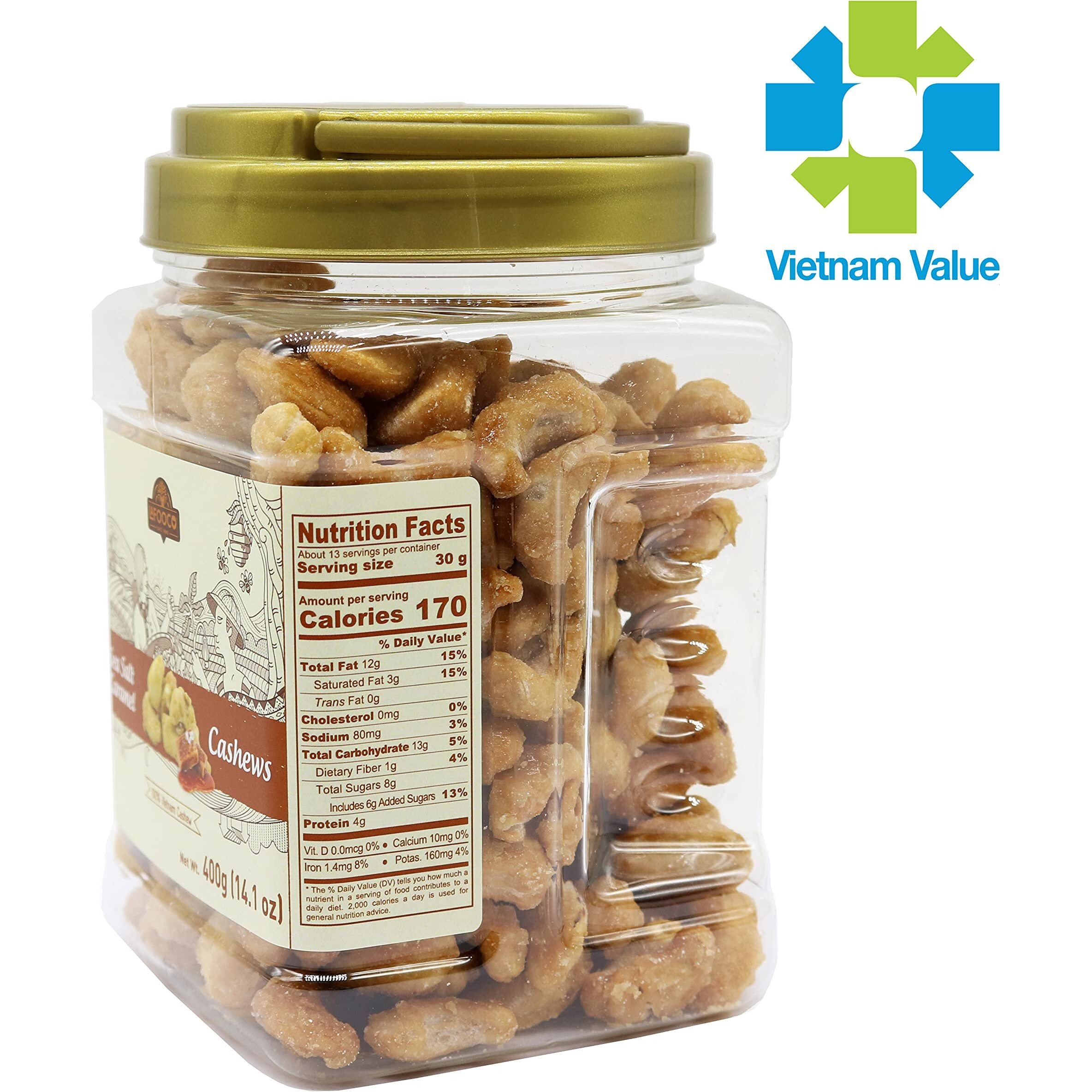 Lafooco Sea Salt Caramel Cashews, Vietnam Cashews, Lightly Salted, Sweet Tasty Snack, Rich In Nutrients, Protein, Great Gift For Family, Holiday, Resealable Jar, Halal, Brcgs (14.1 Oz)