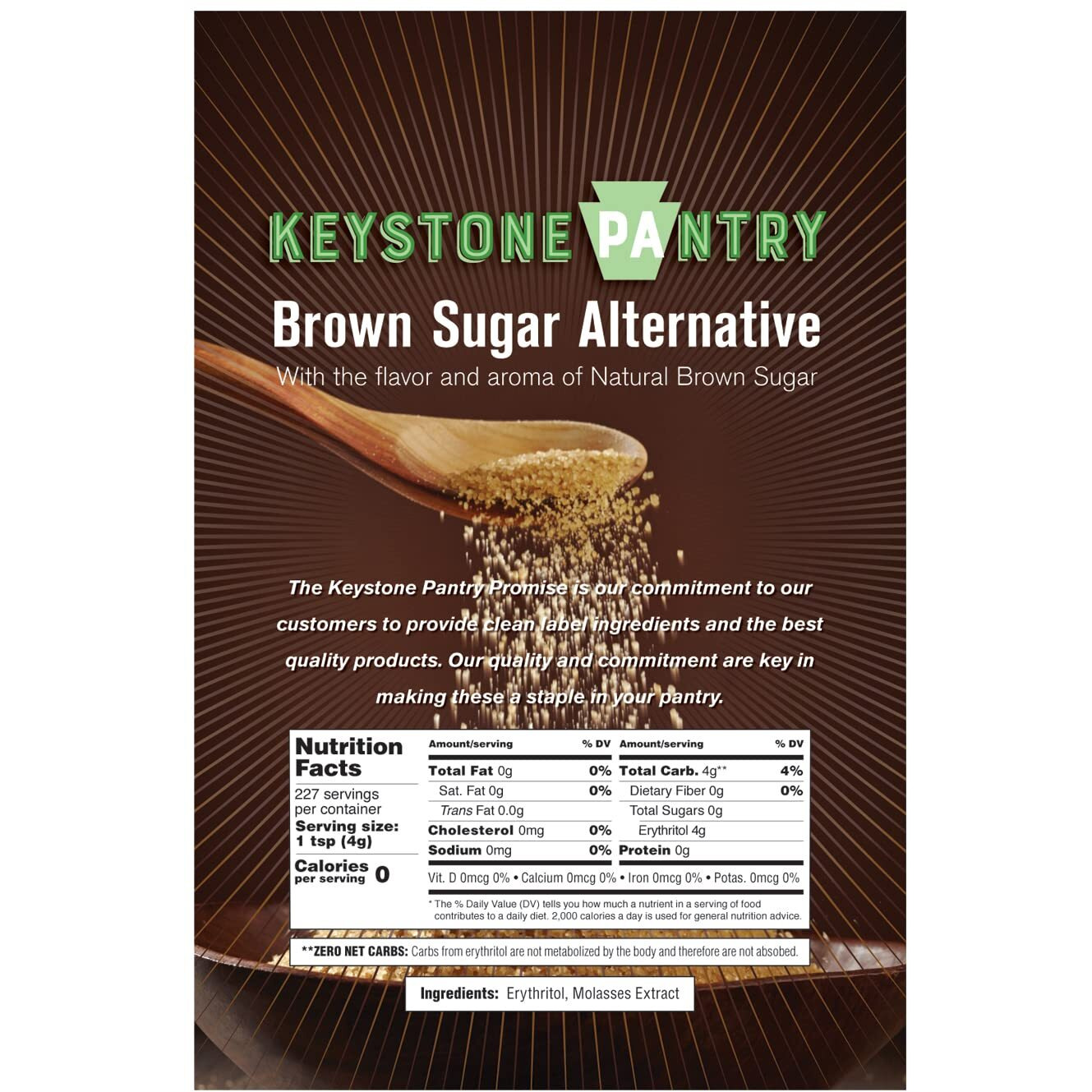 Keystone Pantry Sugar-Free Brown Sugar Substitute - 2 Lb Bag - Naturally Sweetened With Erythritol - Zero Net Carbs - Zero Calories - Gluten Free - Vegan, Keto, & Diabetic Friendly - Certified Kosher