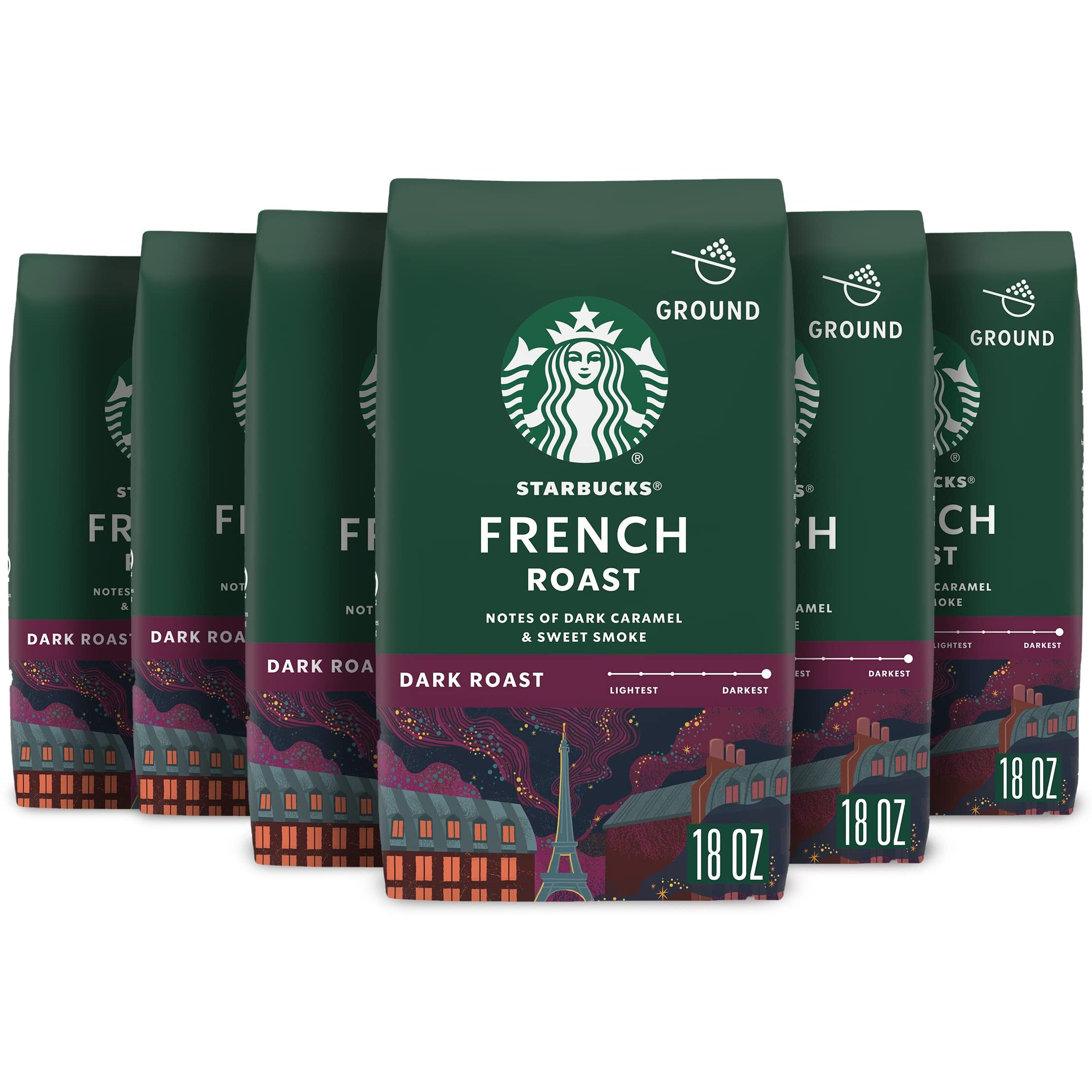 Starbucks Ground Coffee, Dark Roast Coffee, French Roast, 100% Arabica, 6 Bags (18 Oz Each)