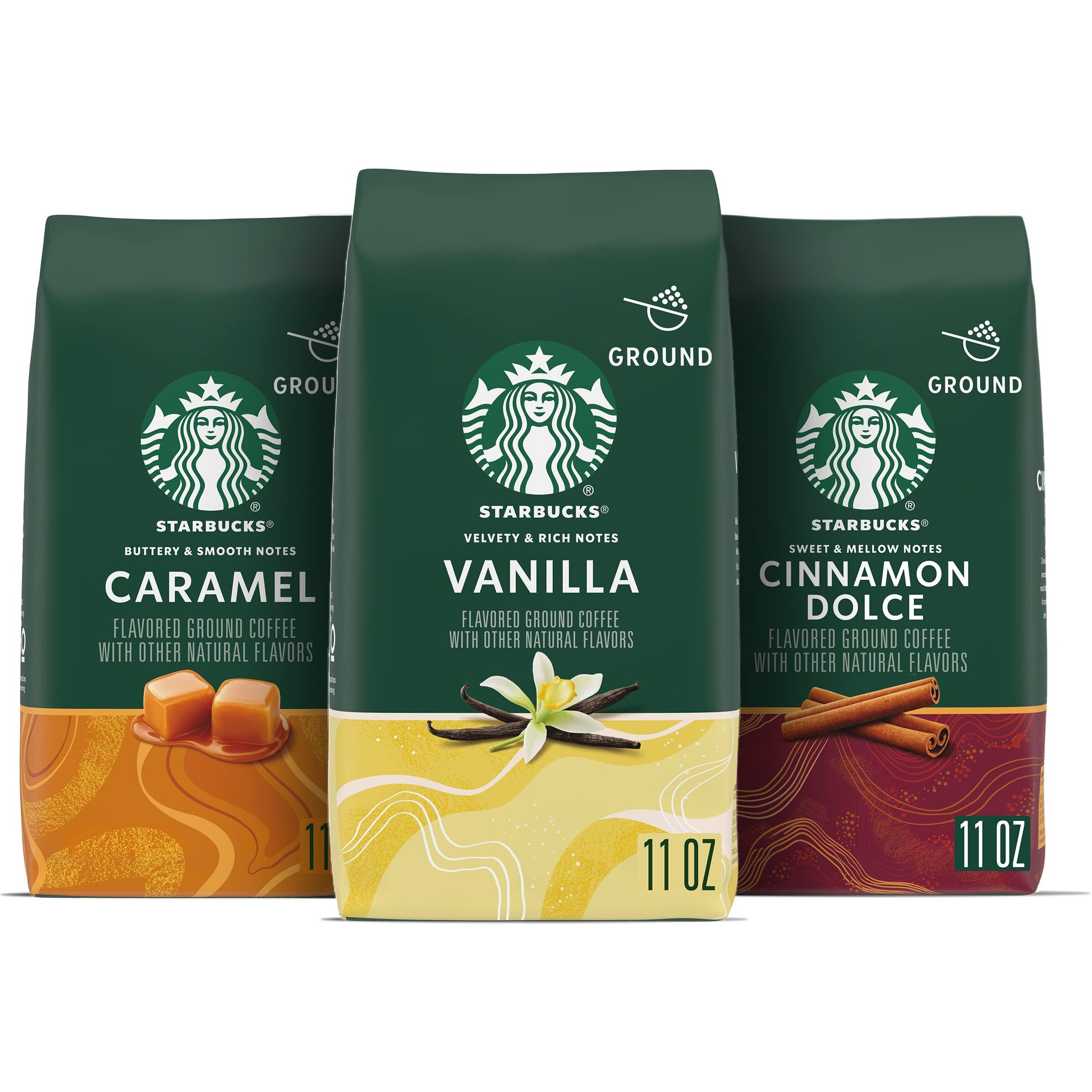 Starbucks Flavored Ground Coffee, Variety Pack, Naturally Flavored, 3 Bags (11 Oz Each)