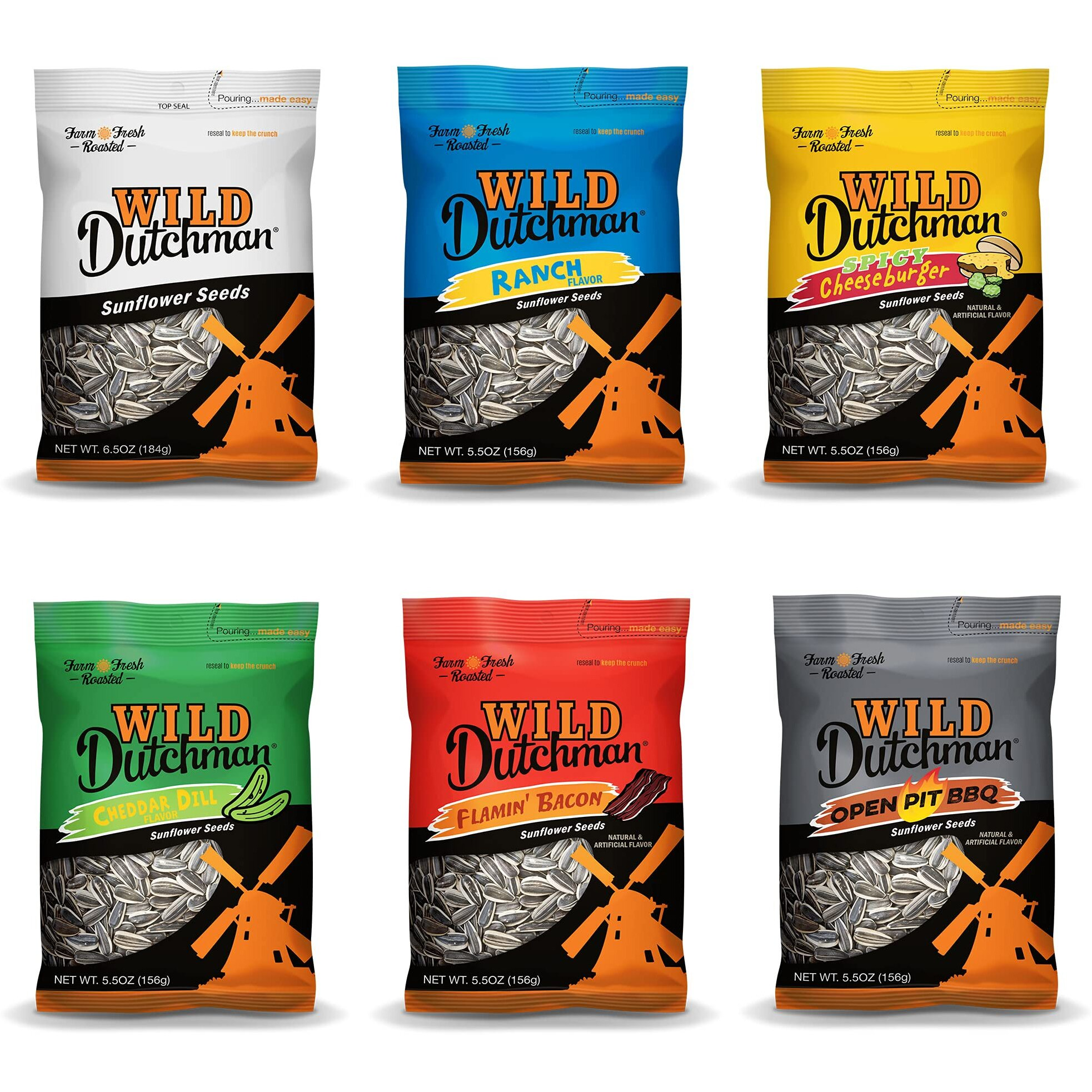 Wild Dutchman Roasted Sunflower Seeds In A Resealable Bag For Ultimate Freshness And An Easy Pour, 6 Flavor Variety Snack Pack, 5.5 Oz (Pack Of 6)