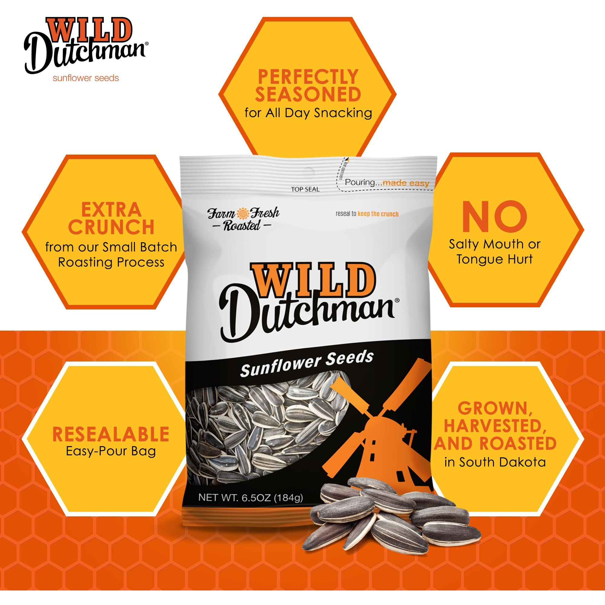 Wild Dutchman Roasted Sunflower Seeds In A Resealable Bag For Ultimate Freshness And An Easy Pour, 6 Flavor Variety Snack Pack, 5.5 Oz (Pack Of 6)