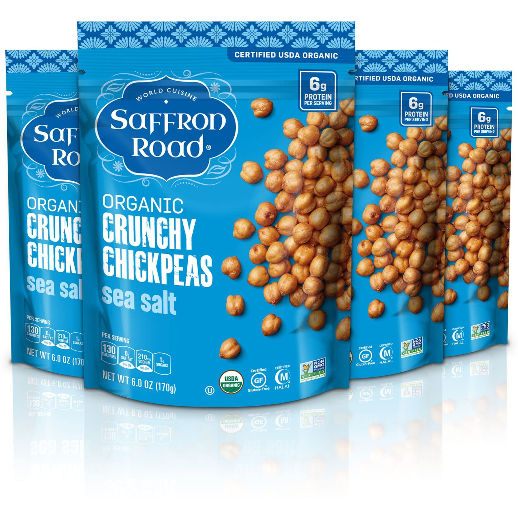 Saffron Road Organic Crunchy Chickpea Snacks-Gluten Free, Non-Gmo, Halal, Kosher, Vegan (Sea Salt, 6 Oz (4 Pack))