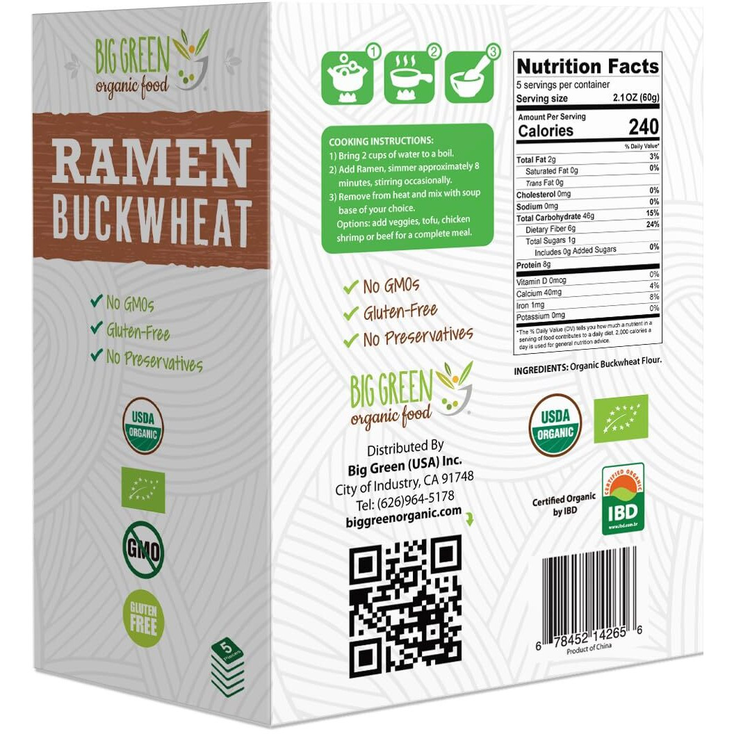 Big Green Organic Food- Organic Buckwheat Ramen, 10.5Oz, Gluten-Free, Non-Gmo, Vegan (12)