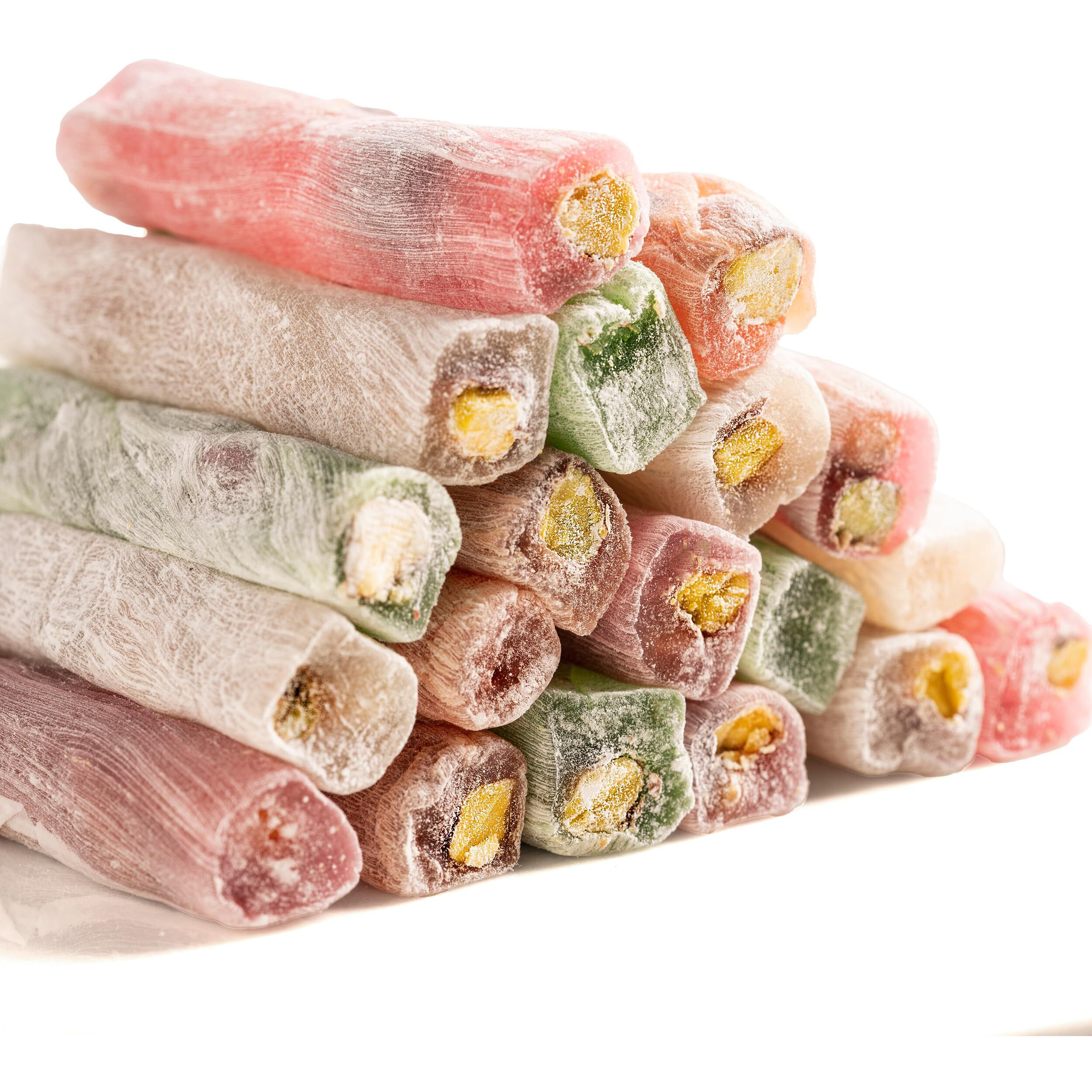 Eastanbul Turkish Delight Candy Sticks Pistachio Filled 8.8Oz, W/ 4 Flavors Apple, Orange, Pomegranate, Vanilla International Candy Box, Vegan Candy, Best Food & Beverage Gifts Option, Wick Lokum