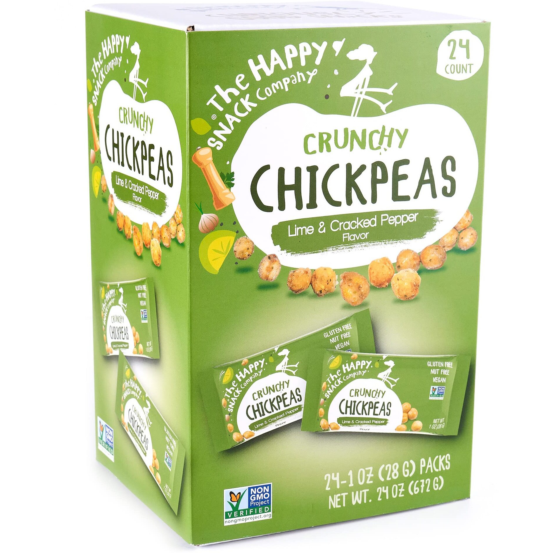 The Happy Snack Company Crunchy Chickpeas Lime & Cracked Pepper 24 X 1 Oz. 5G Plant Based Protein & 120 Cals. Gluten,Nut & Dairy Free, Non-Gmo And Vegan.