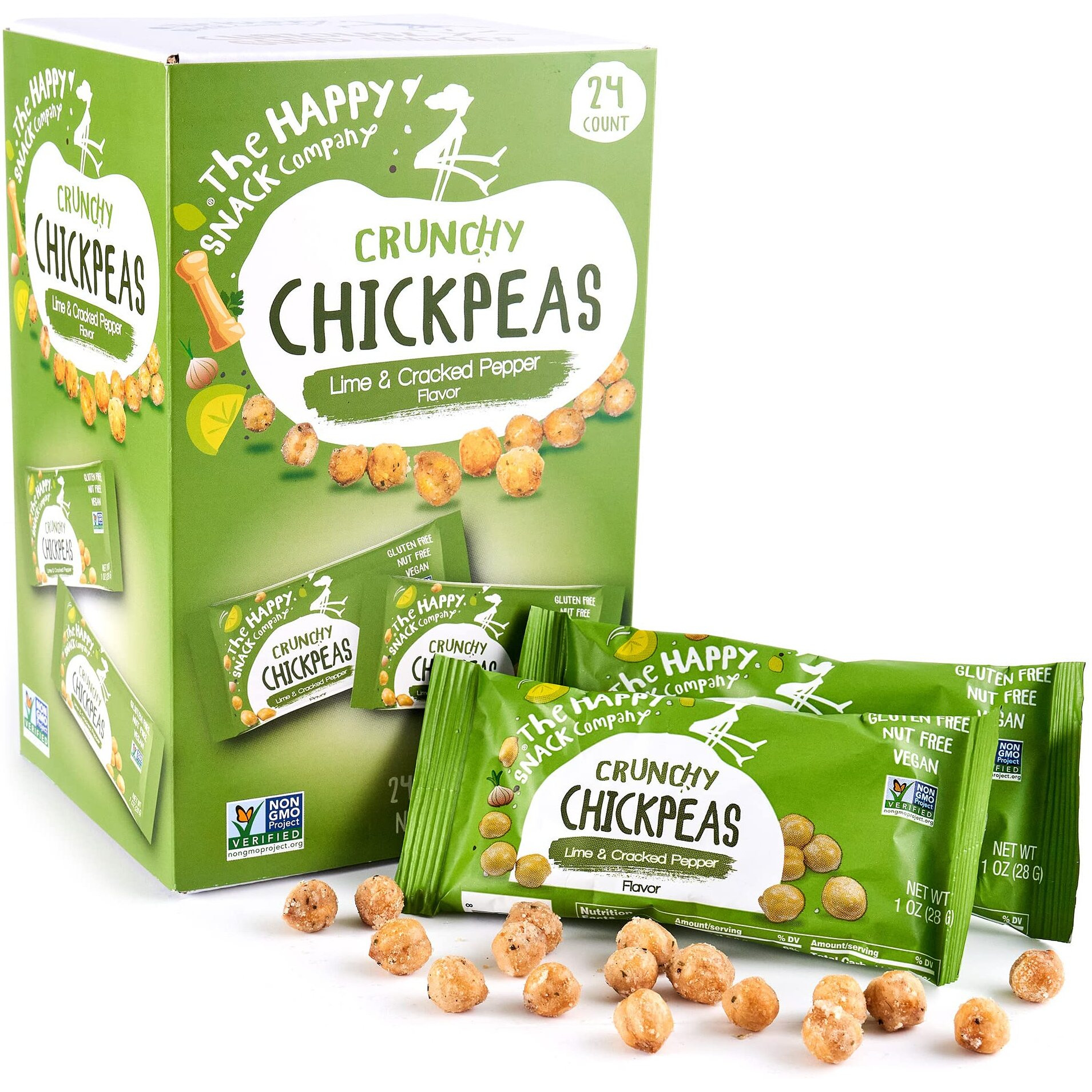 The Happy Snack Company Crunchy Chickpeas Lime & Cracked Pepper 24 X 1 Oz. 5G Plant Based Protein & 120 Cals. Gluten,Nut & Dairy Free, Non-Gmo And Vegan.
