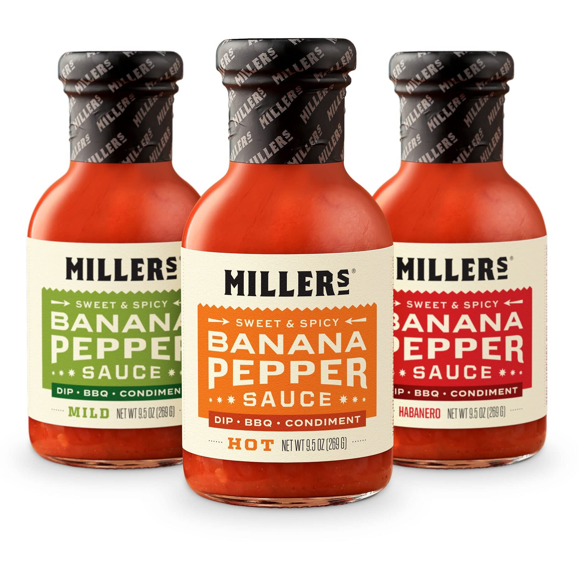 Miller's Banana Pepper Sauce Variety Pack - Includes Hot, Mild, Habanero Hot Sauce Set - Best Use For Chicken Wing, Burger, Sandwich, Mexican Dish Non-Gmo Project Verified, 9.5 Ounce (Pack Of 3)