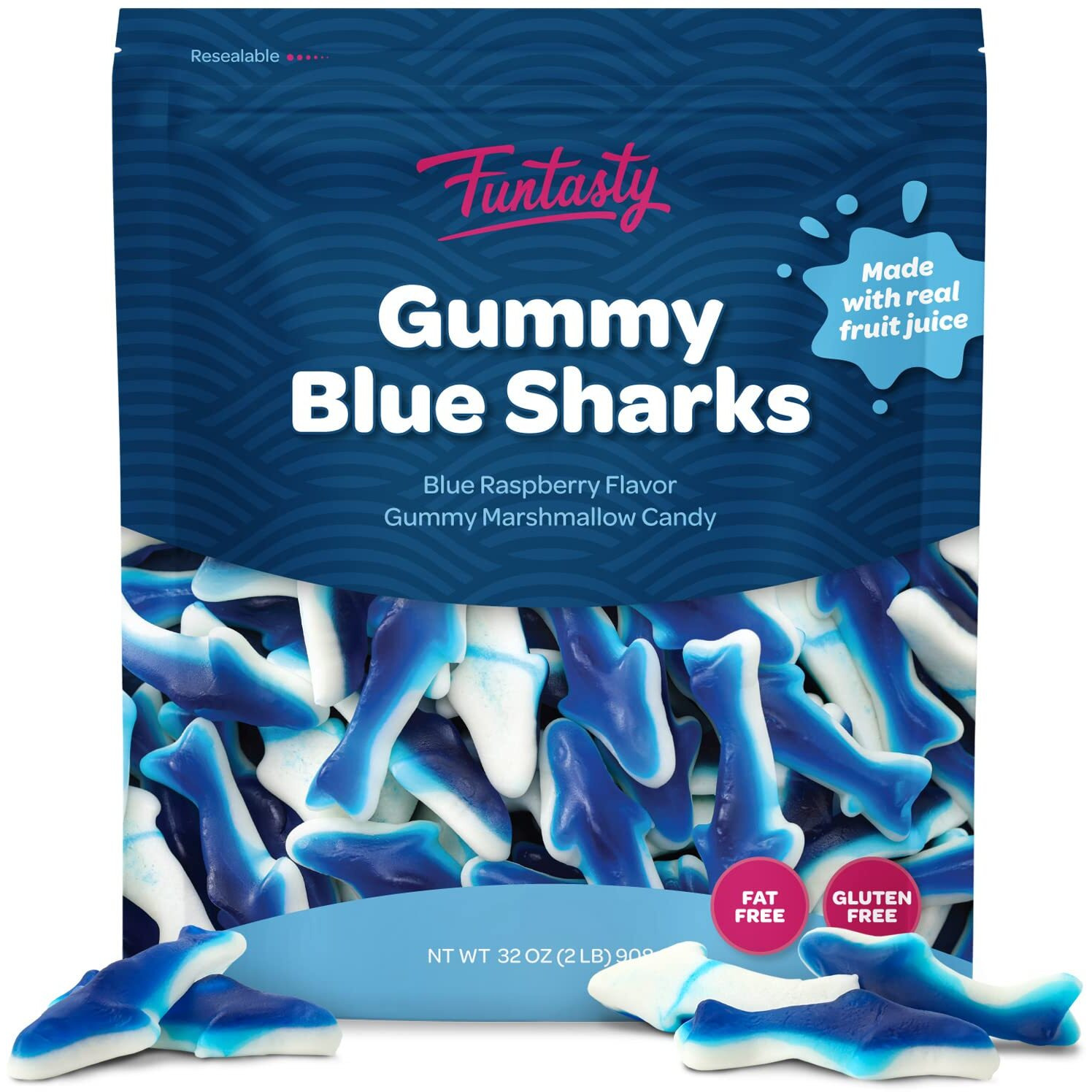 Blue Sharks Gummy Candy, Blue Raspberry Marshmallow Flavor, 2-Pound Pack