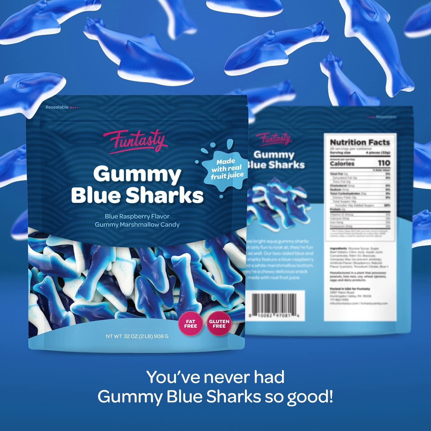 Blue Sharks Gummy Candy, Blue Raspberry Marshmallow Flavor, 2-Pound Pack