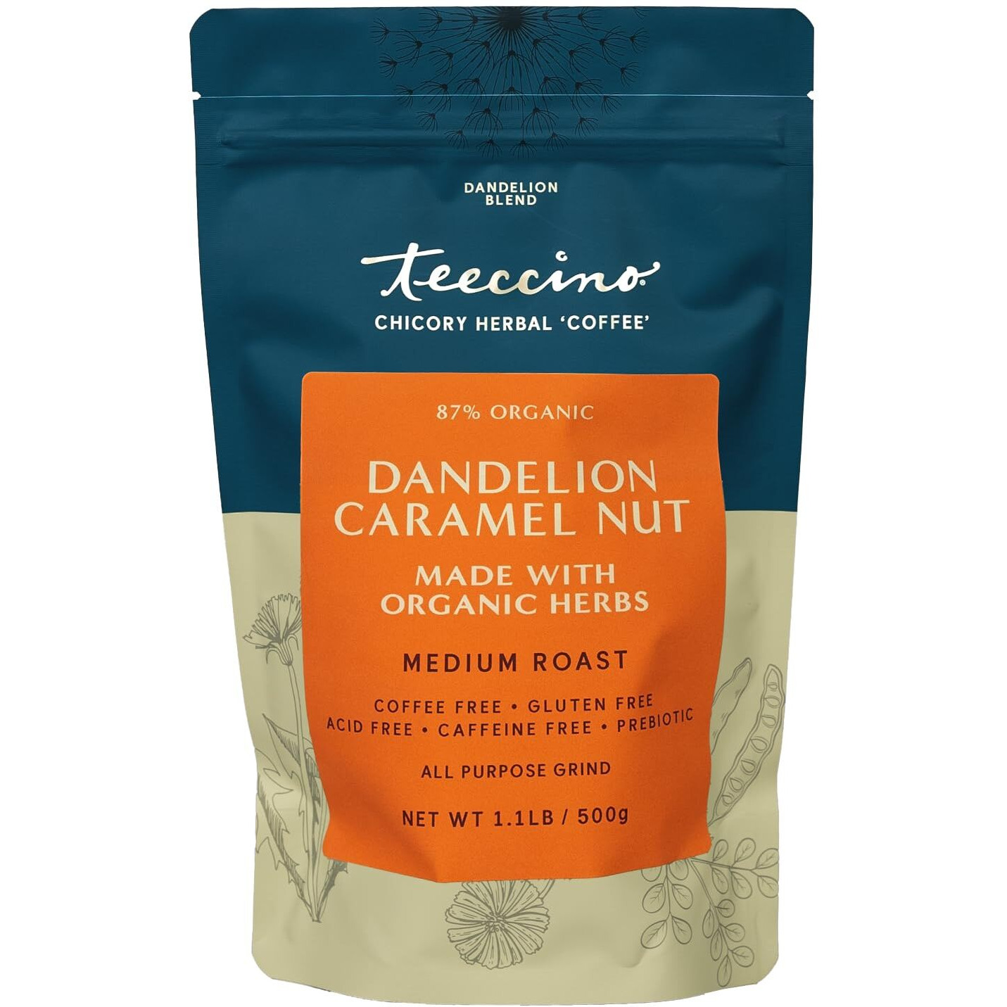 Teeccino Dandelion Caramel Nut Herbal Coffee - Caffeine-Free Coffee Alternative With Prebiotics, Gluten Free, Acid Free - Medium Roast, 500 Grams
