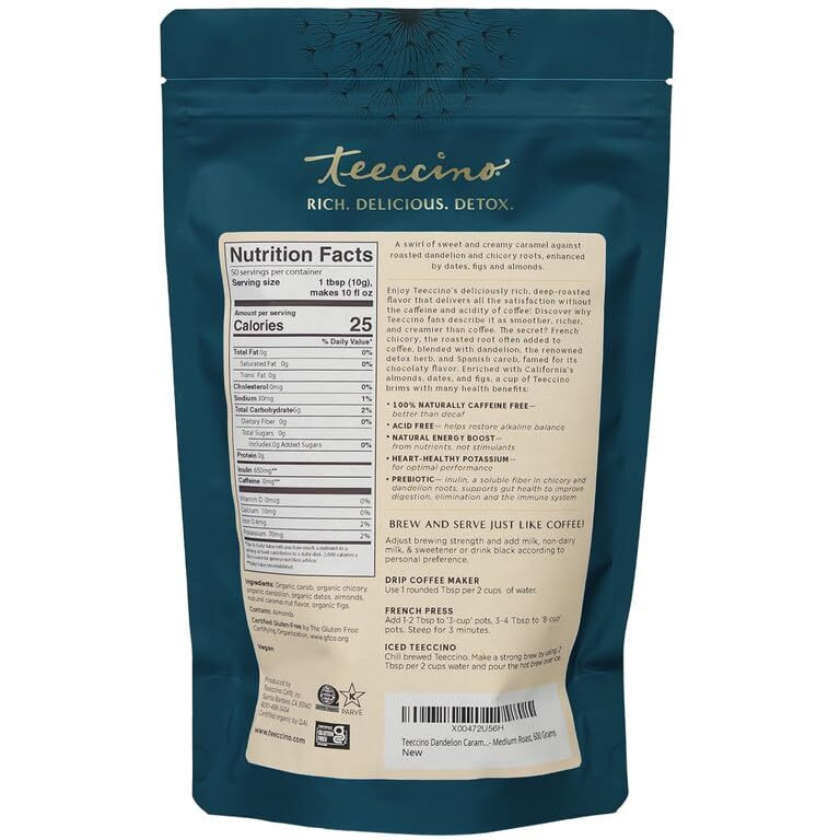 Teeccino Dandelion Caramel Nut Herbal Coffee - Caffeine-Free Coffee Alternative With Prebiotics, Gluten Free, Acid Free - Medium Roast, 500 Grams