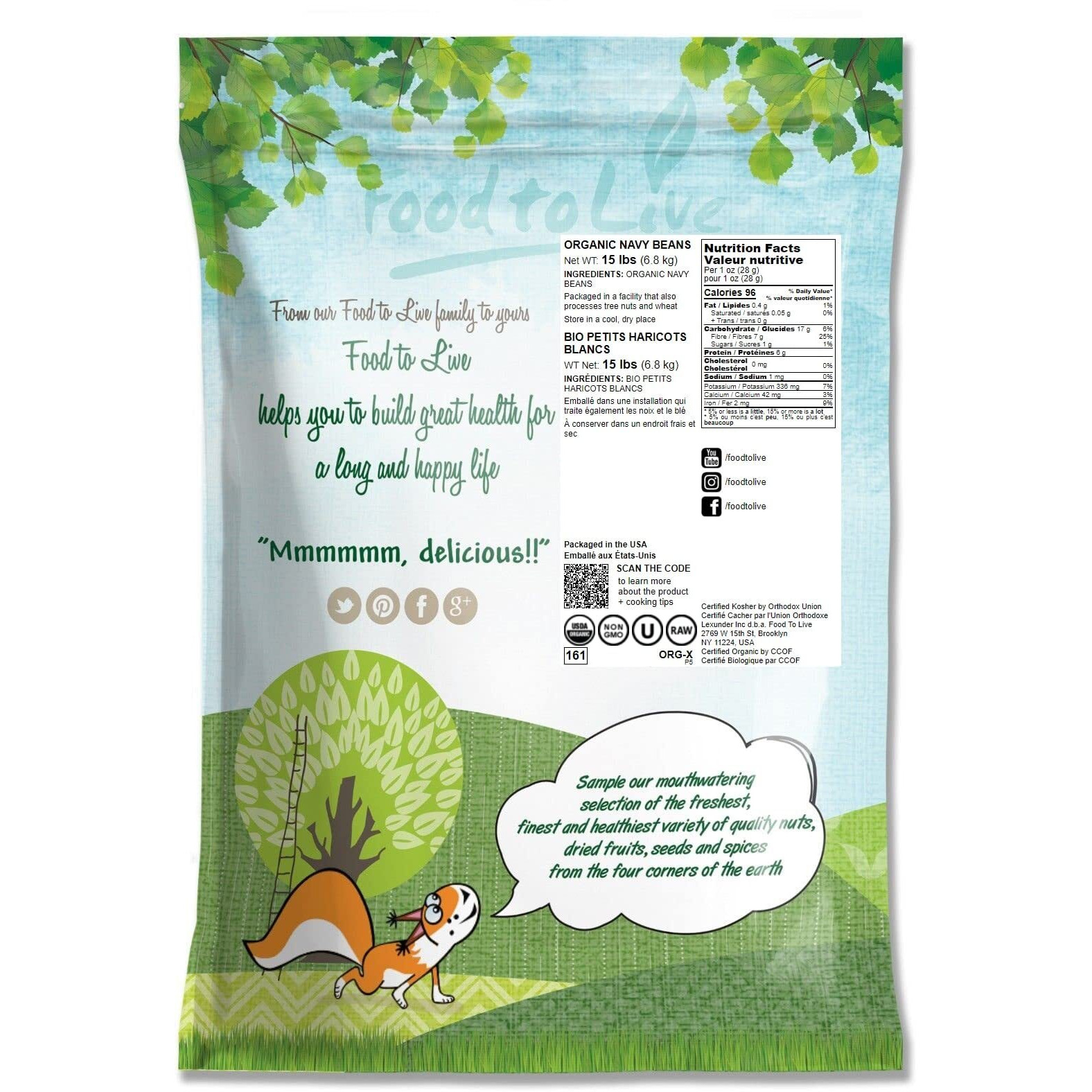 Food To Live Organic Navy Beans, 15 Pounds Non-Gmo, Kosher, Vegan, Dried White, Bulk. High In Protein And Dietary Fiber